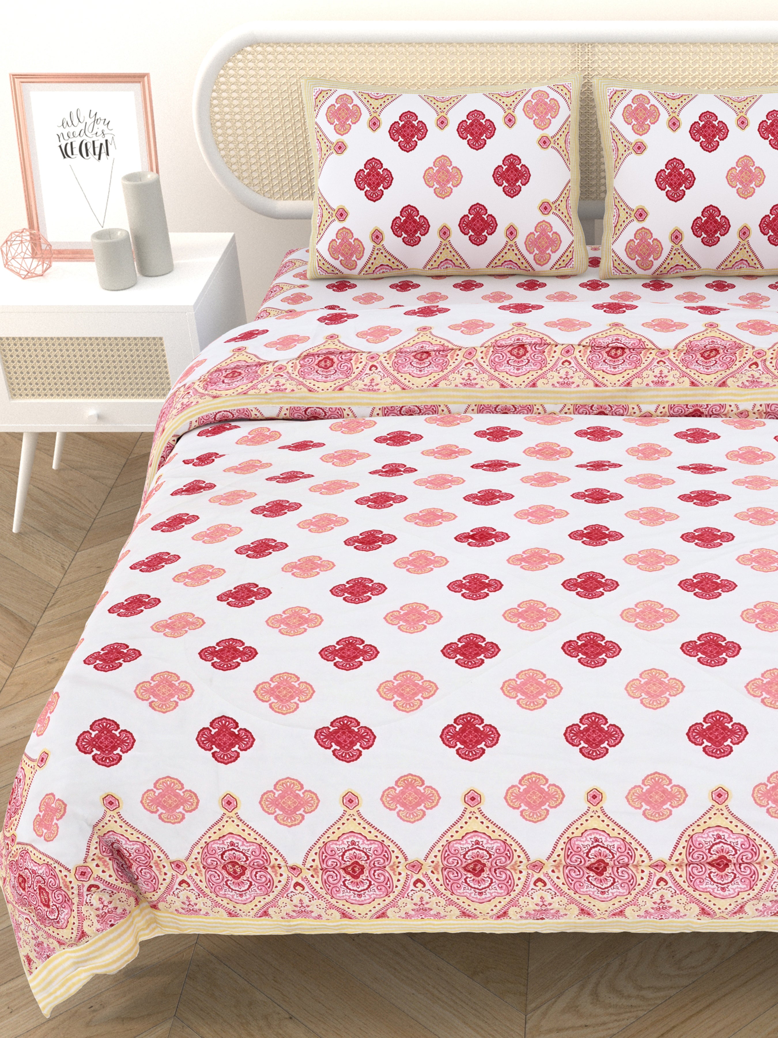 Floral Printed Bedding Set - 1 King Bedsheet, 1 Jaipuri Razai/Quilt, 2 Pillow Covers