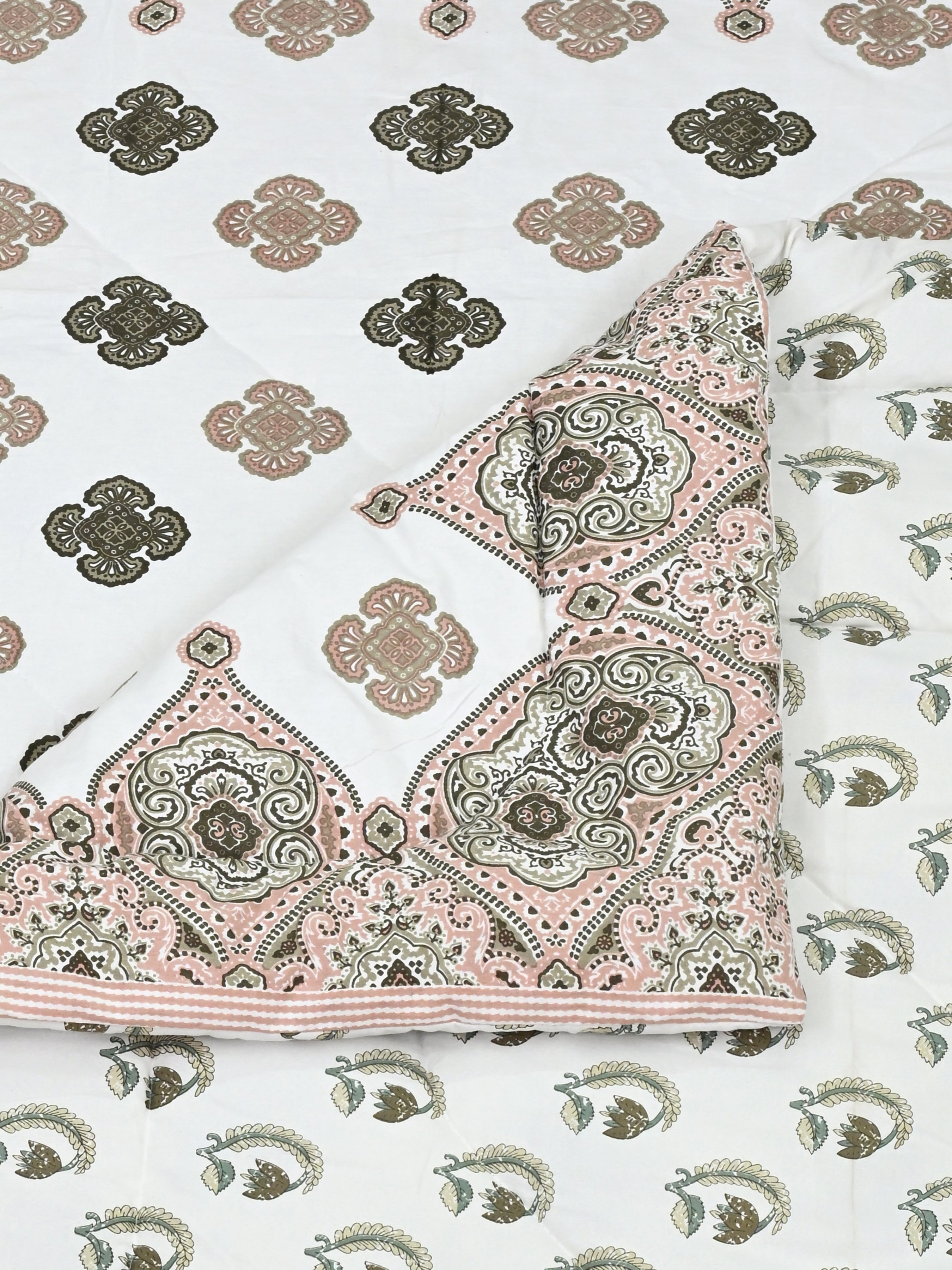 Floral Printed Bedding Set - 1 King Bedsheet, 1 Jaipuri Razai/Quilt, 2 Pillow Covers