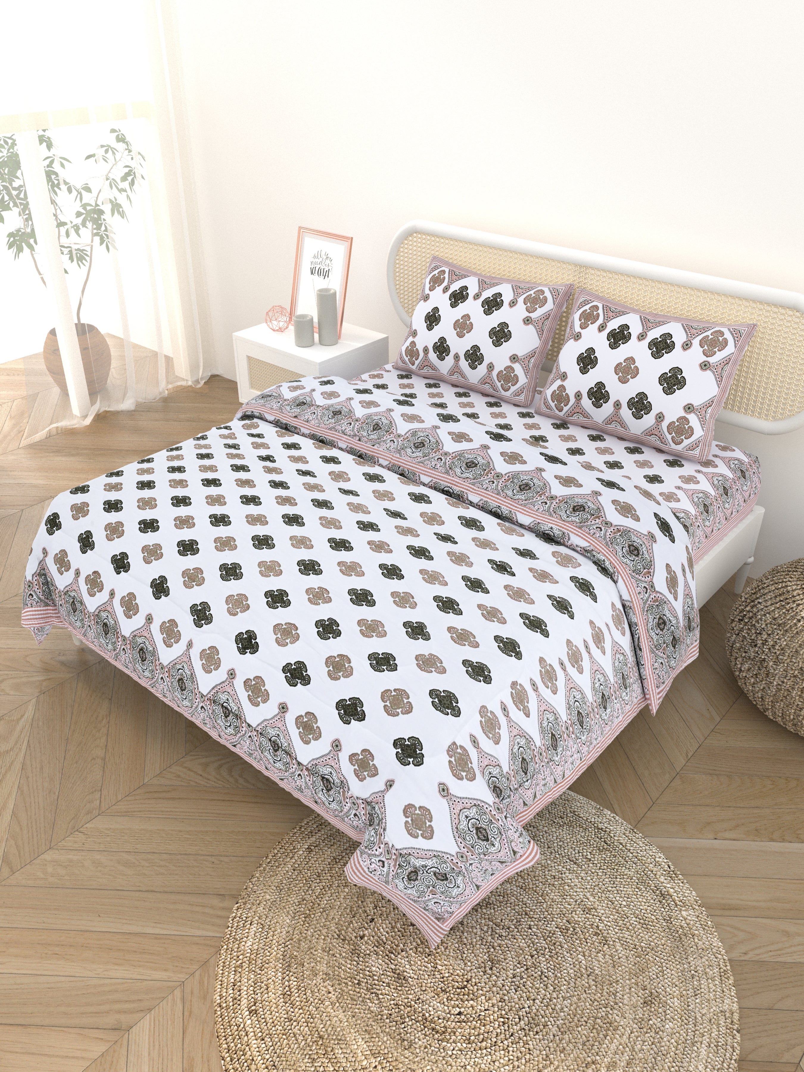 Floral Printed Bedding Set - 1 King Bedsheet, 1 Jaipuri Razai/Quilt, 2 Pillow Covers