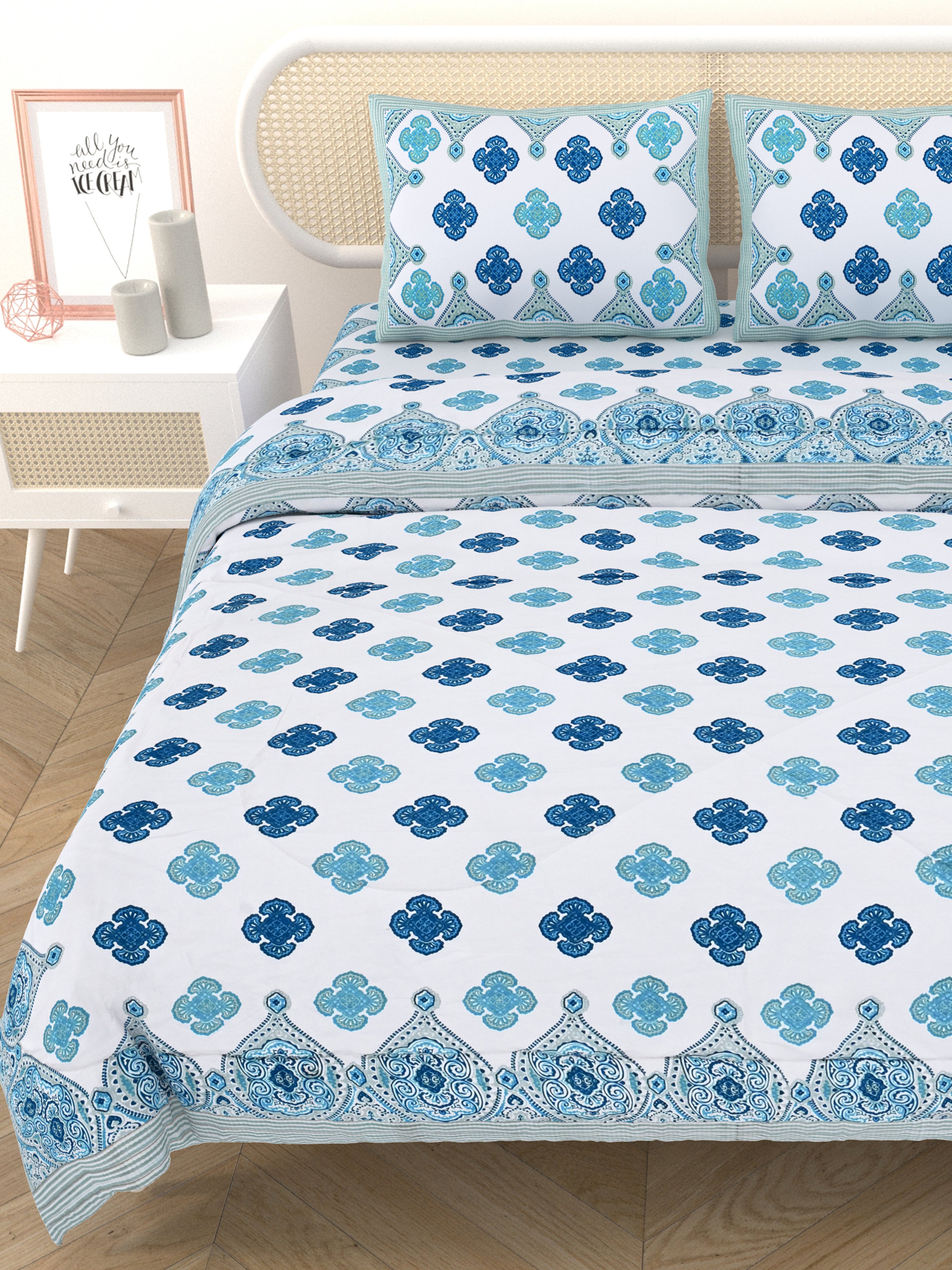 Floral Printed Bedding Set - 1 King Bedsheet, 1 Jaipuri Razai/Quilt, 2 Pillow Covers