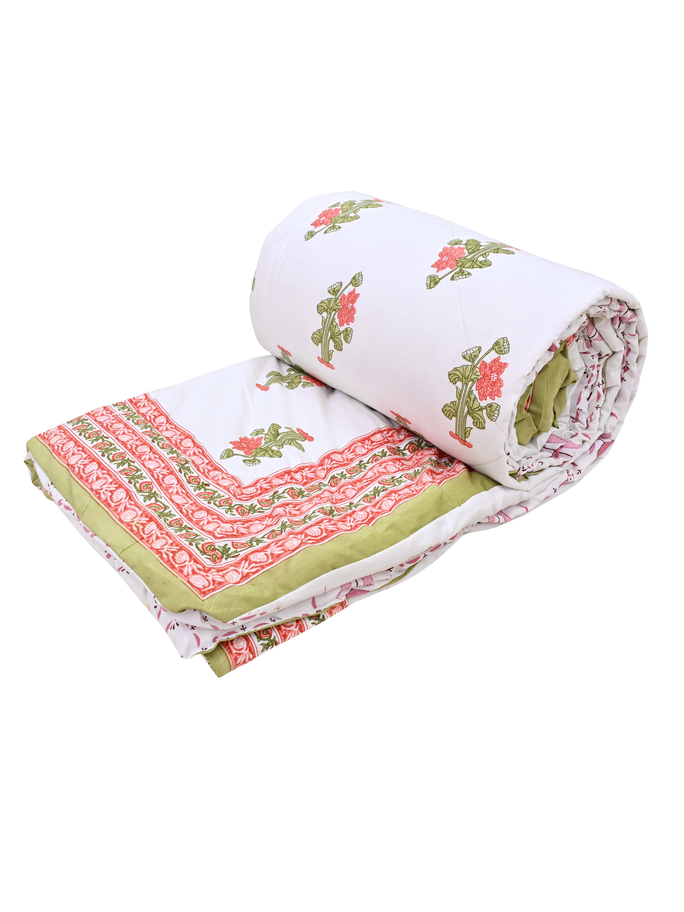 Floral Printed Bedding Set - 1 King Bedsheet, 1 Jaipuri Razai/Quilt, 2 Pillow Covers