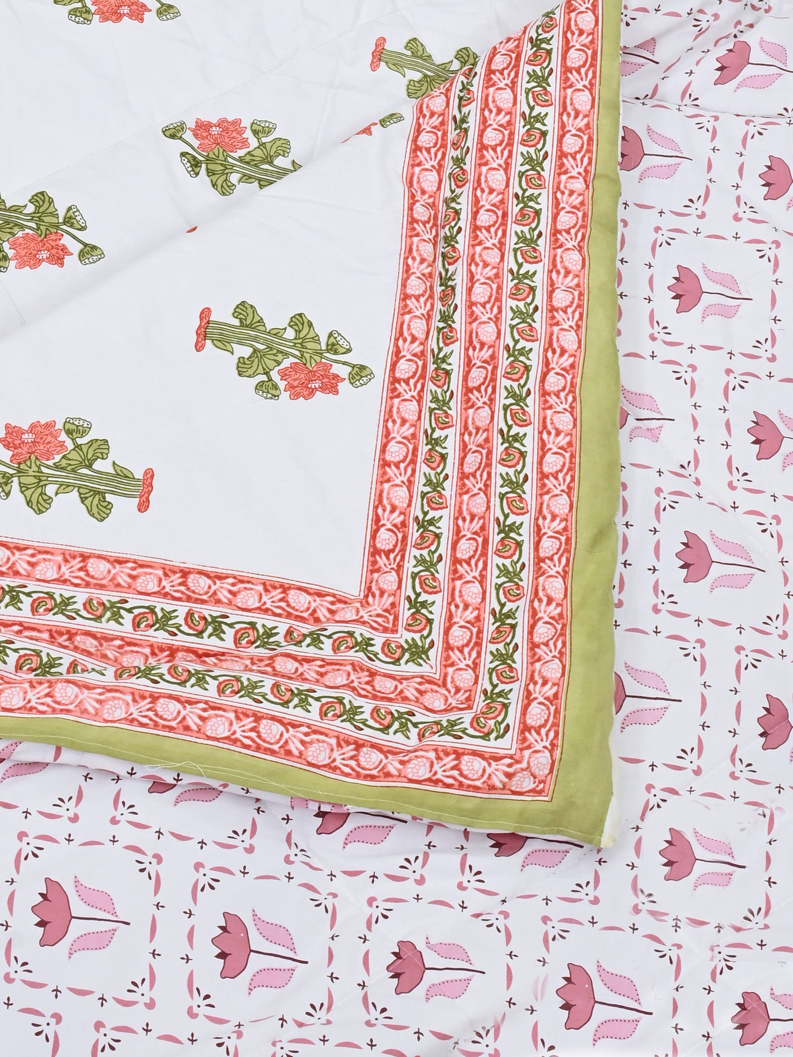 Floral Printed Bedding Set - 1 King Bedsheet, 1 Jaipuri Razai/Quilt, 2 Pillow Covers