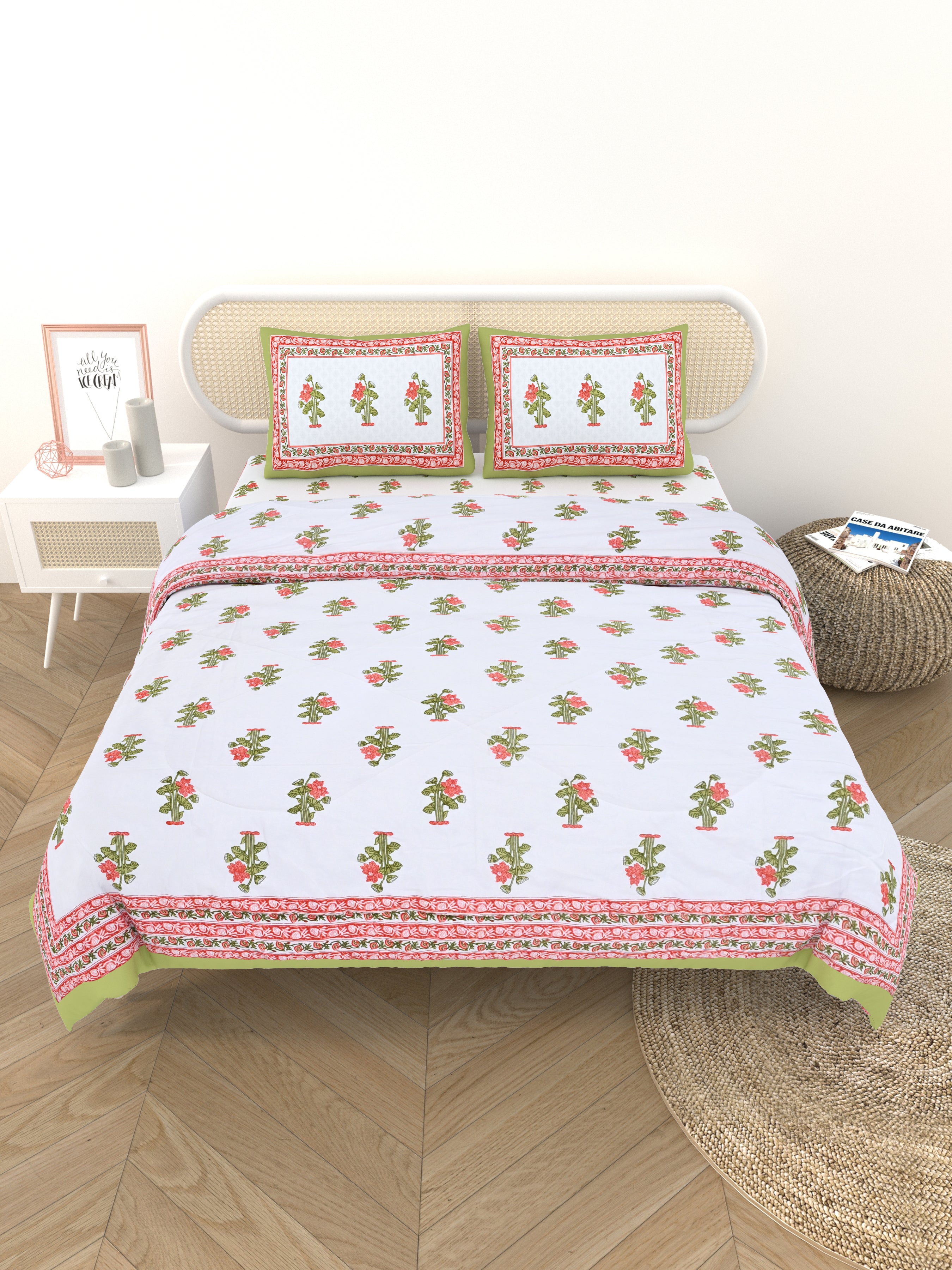Floral Printed Bedding Set - 1 King Bedsheet, 1 Jaipuri Razai/Quilt, 2 Pillow Covers