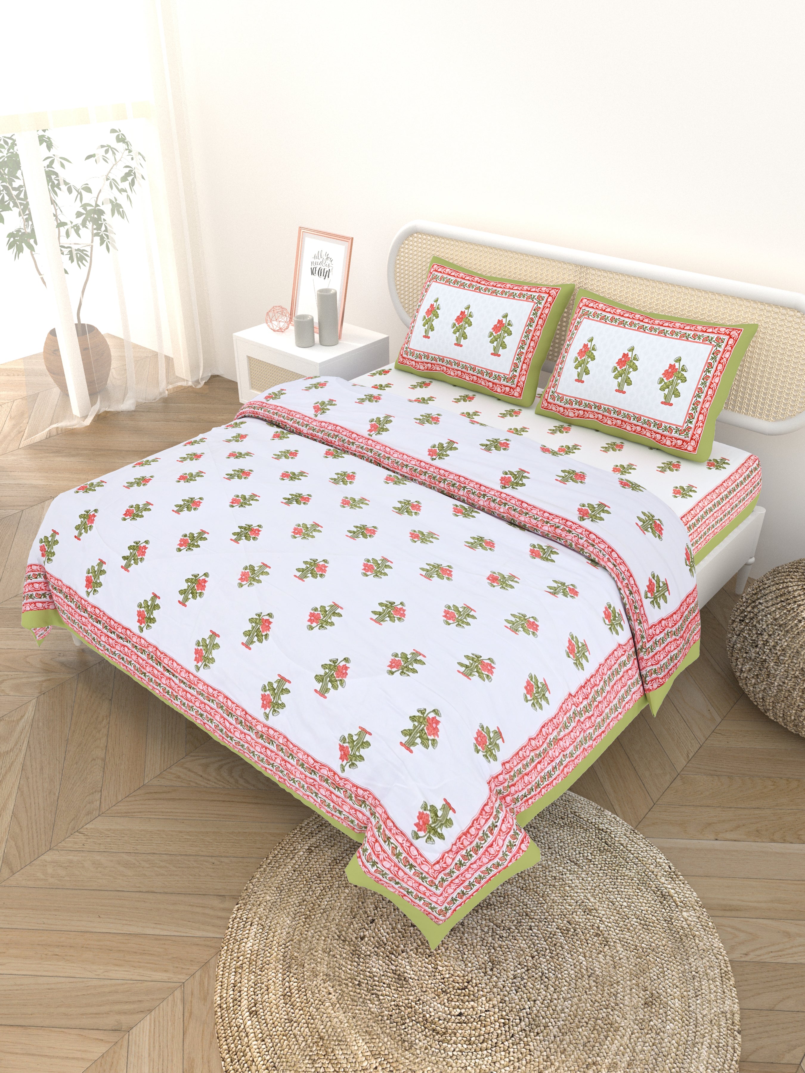 Floral Printed Bedding Set - 1 King Bedsheet, 1 Jaipuri Razai/Quilt, 2 Pillow Covers