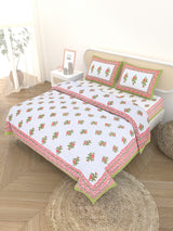 Floral Printed Bedding Set - 1 King Bedsheet, 1 Jaipuri Razai/Quilt, 2 Pillow Covers