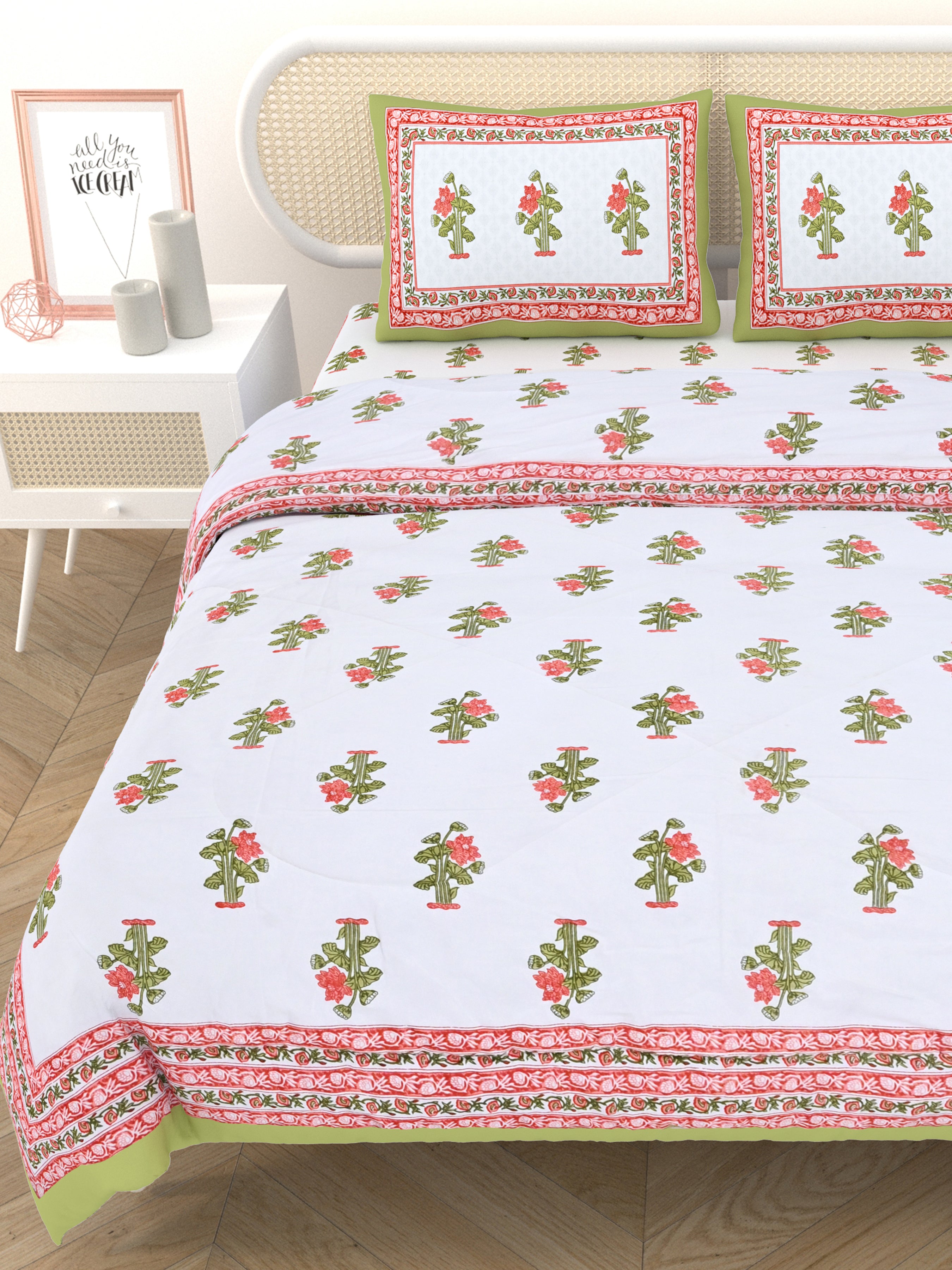 Floral Printed Bedding Set - 1 King Bedsheet, 1 Jaipuri Razai/Quilt, 2 Pillow Covers