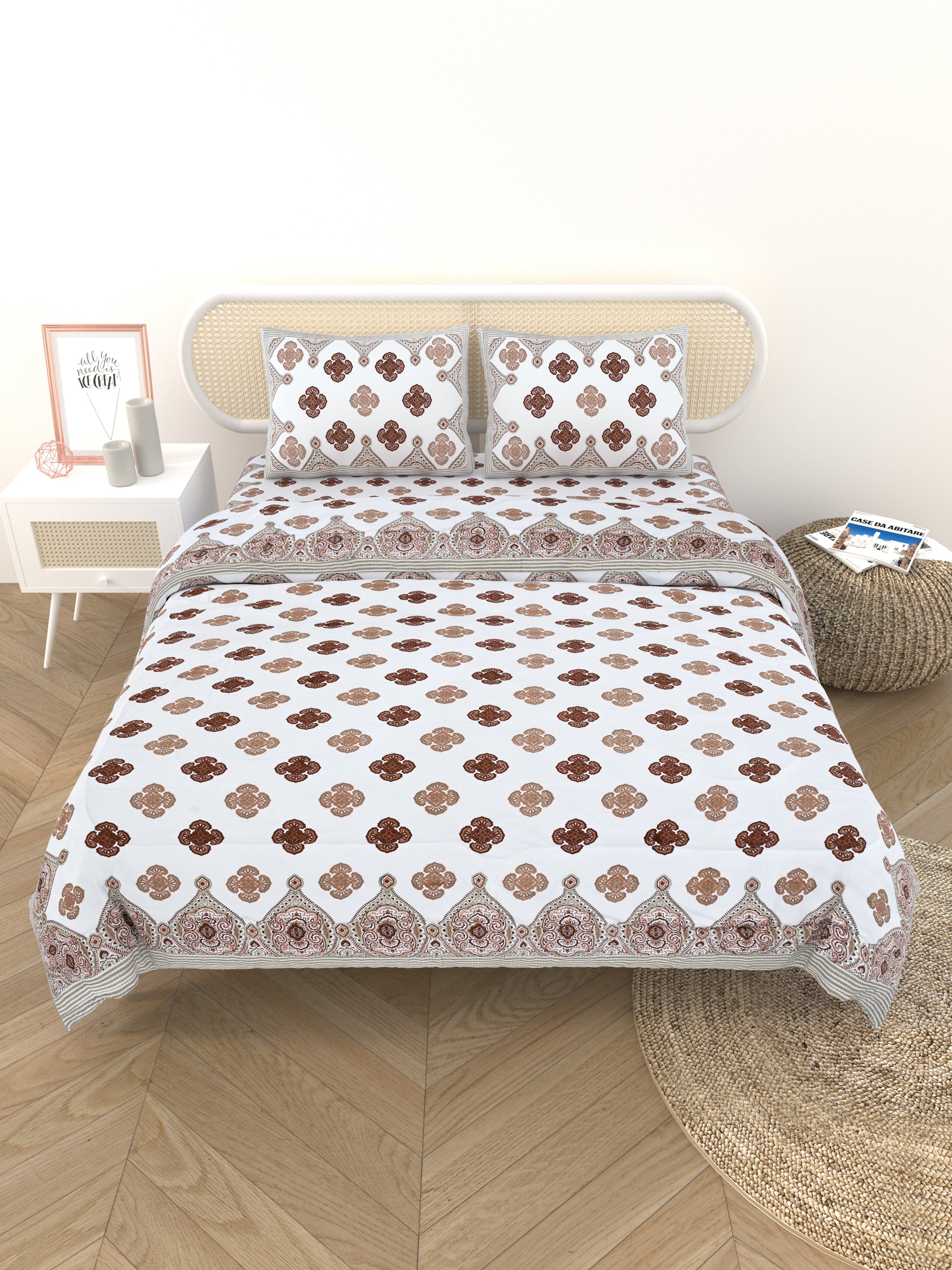 Floral Printed Bedding Set - 1 King Bedsheet, 1 Jaipuri Razai/Quilt, 2 Pillow Covers