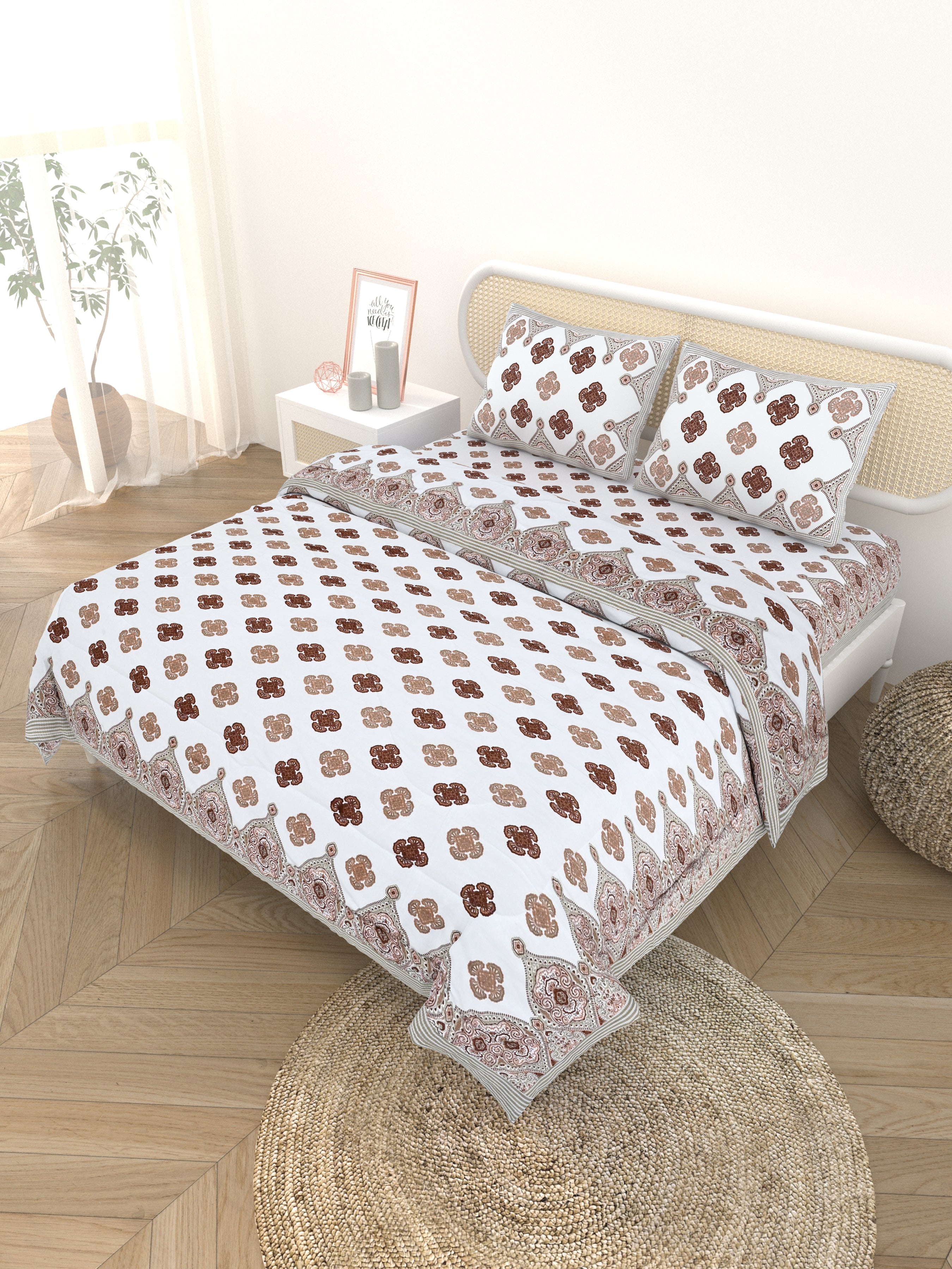 Floral Printed Bedding Set - 1 King Bedsheet, 1 Jaipuri Razai/Quilt, 2 Pillow Covers