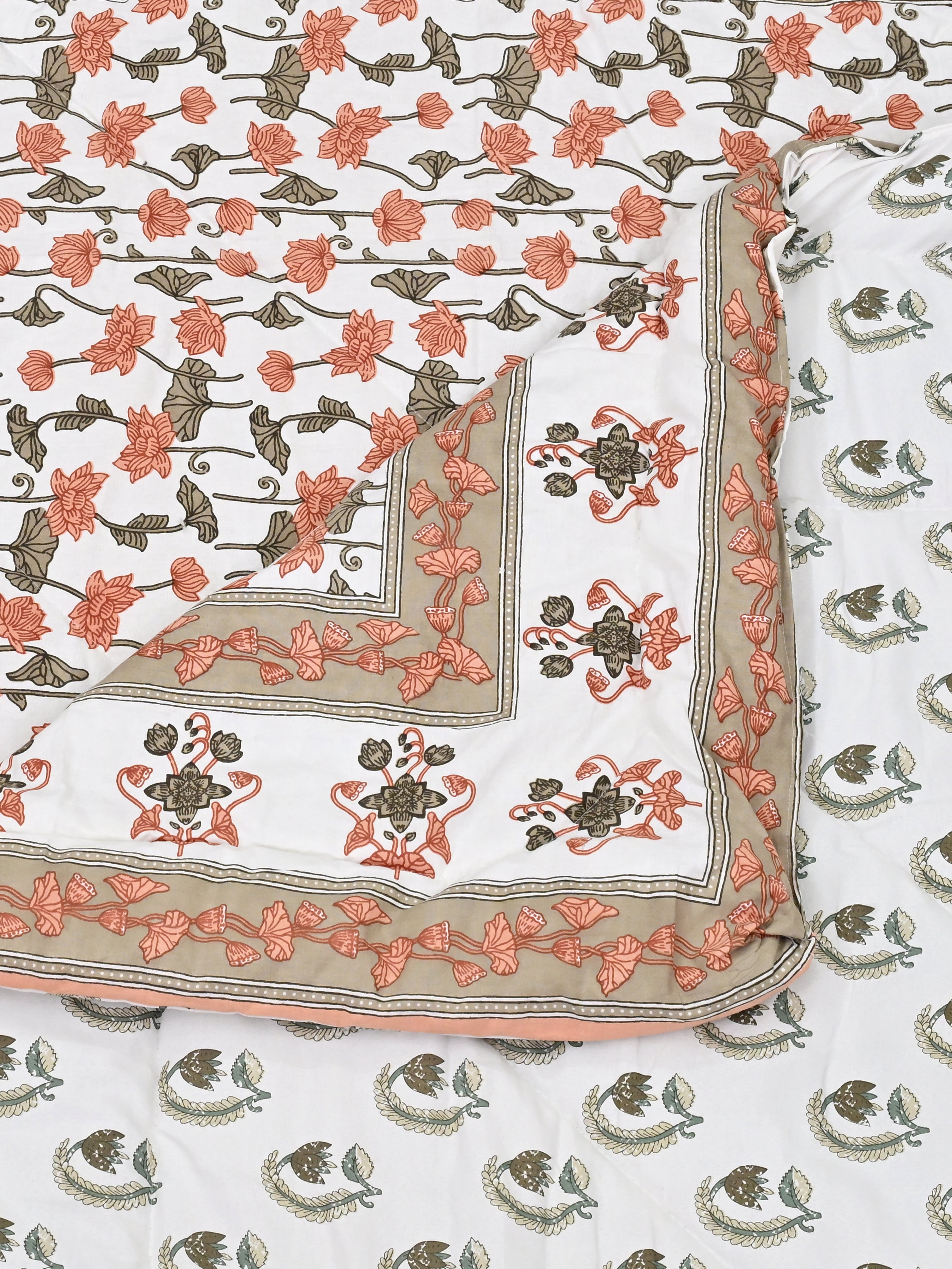 Floral Printed Bedding Set - 1 King Bedsheet, 1 Jaipuri Razai/Quilt, 2 Pillow Covers