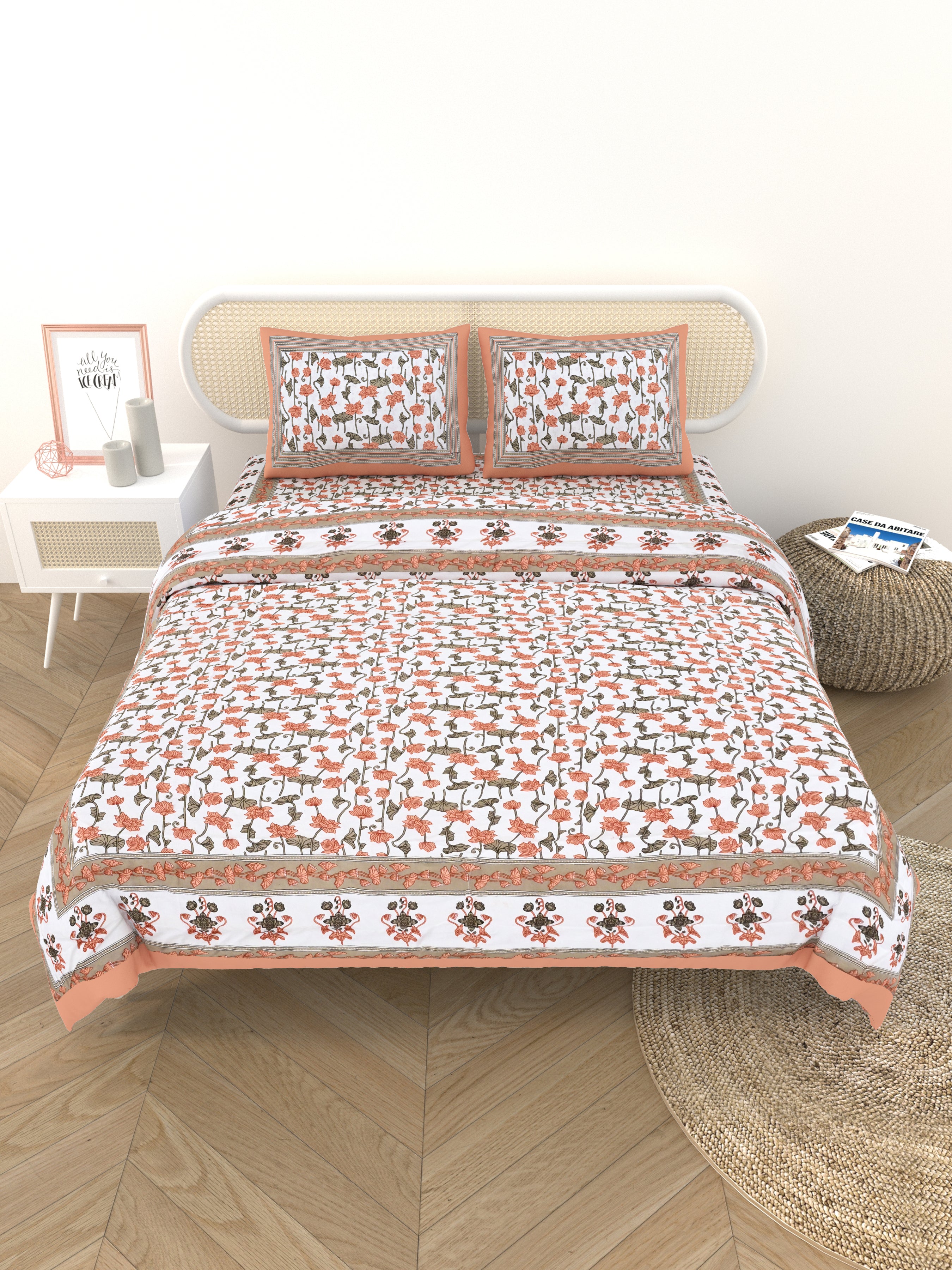 Floral Printed Bedding Set - 1 King Bedsheet, 1 Jaipuri Razai/Quilt, 2 Pillow Covers