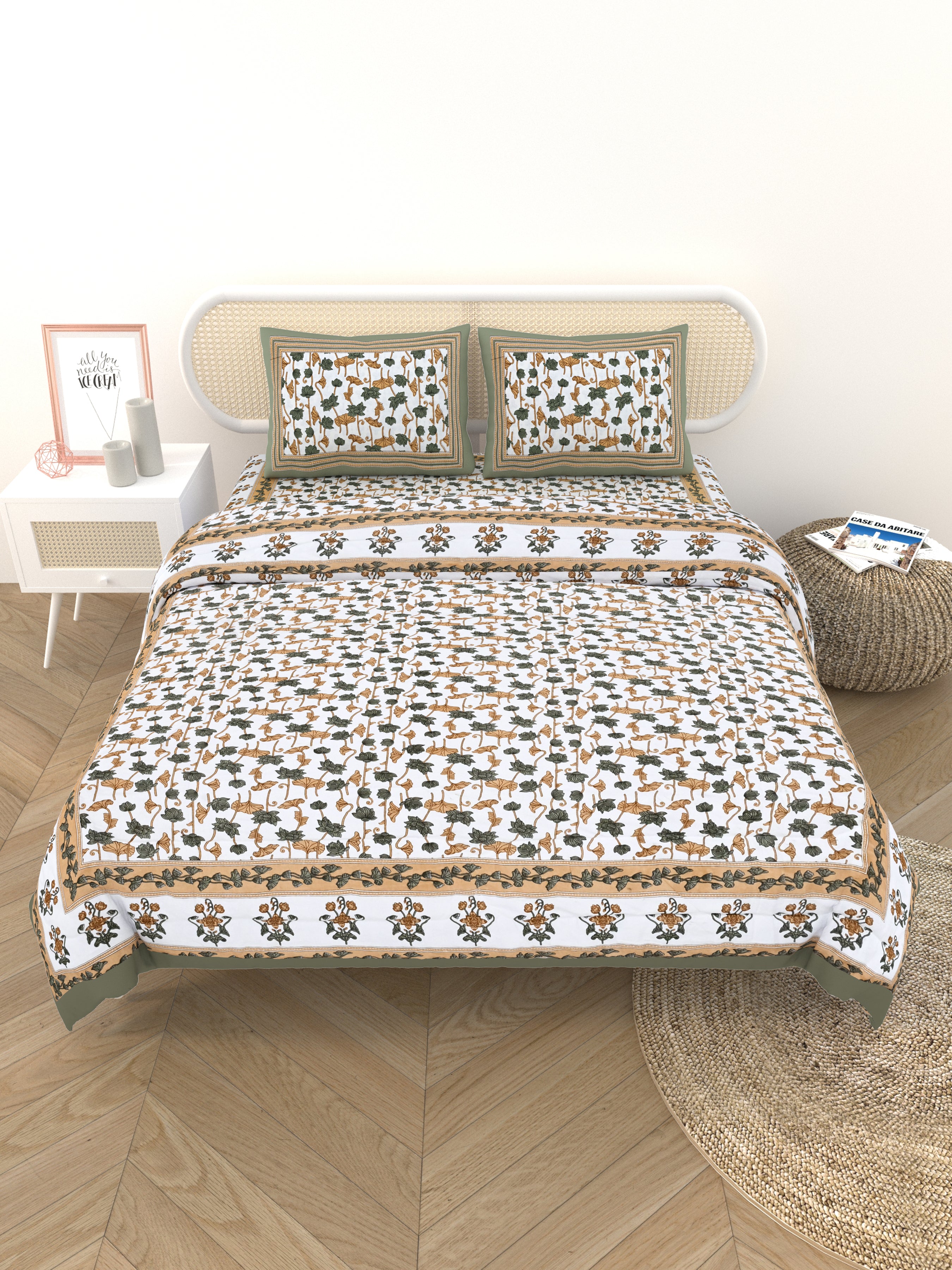 Floral Printed Bedding Set - 1 King Bedsheet, 1 Jaipuri Razai/Quilt, 2 Pillow Covers