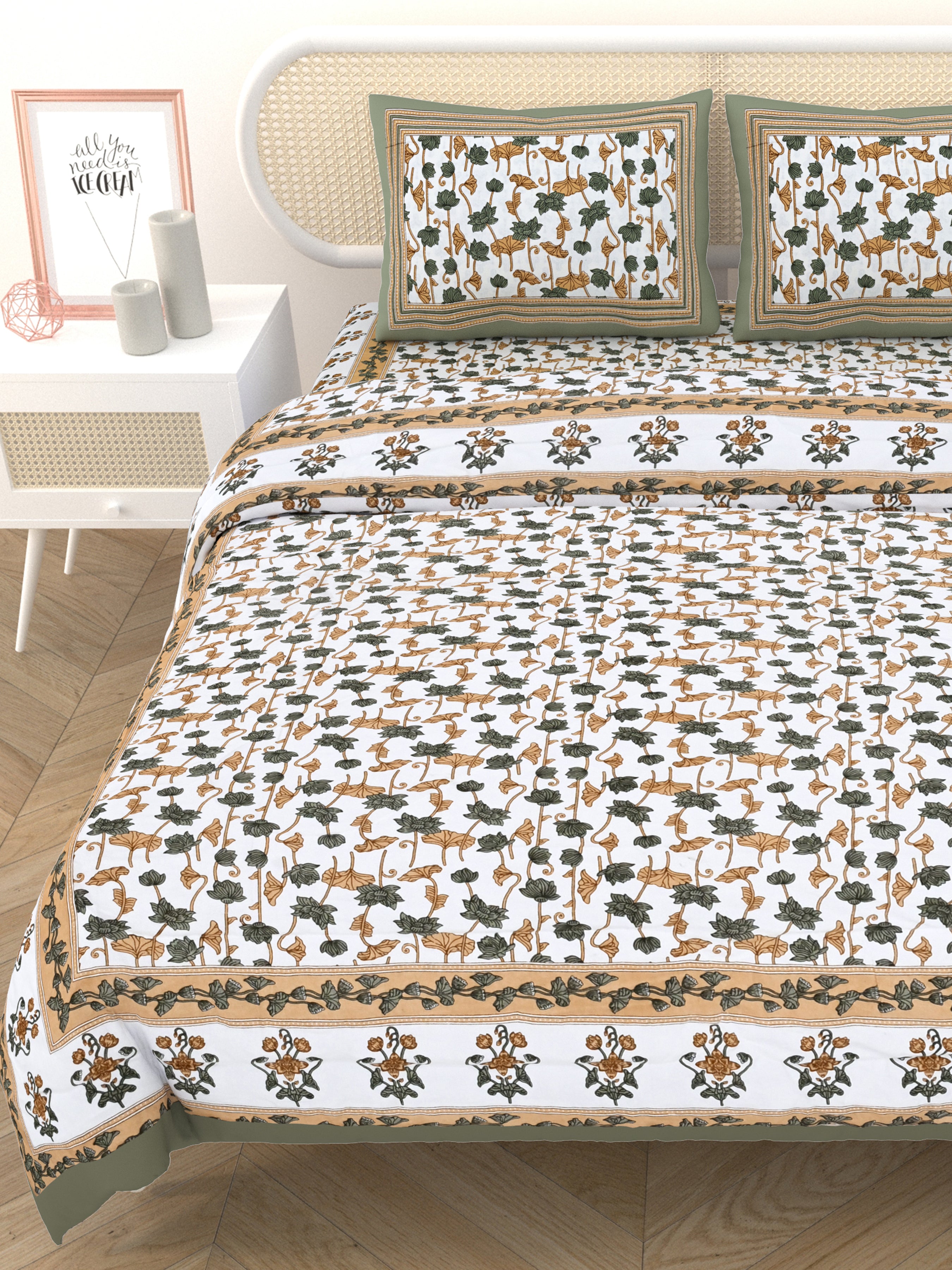 Floral Printed Bedding Set - 1 King Bedsheet, 1 Jaipuri Razai/Quilt, 2 Pillow Covers