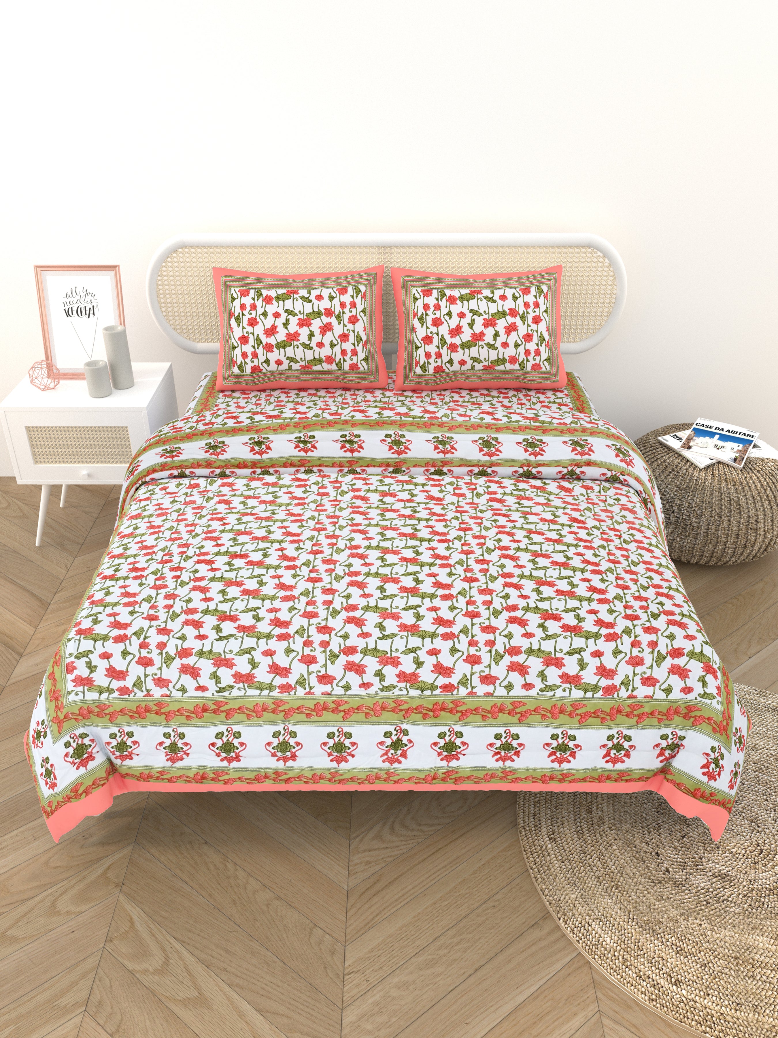 Floral Printed Bedding Set - 1 King Bedsheet, 1 Jaipuri Razai/Quilt, 2 Pillow Covers