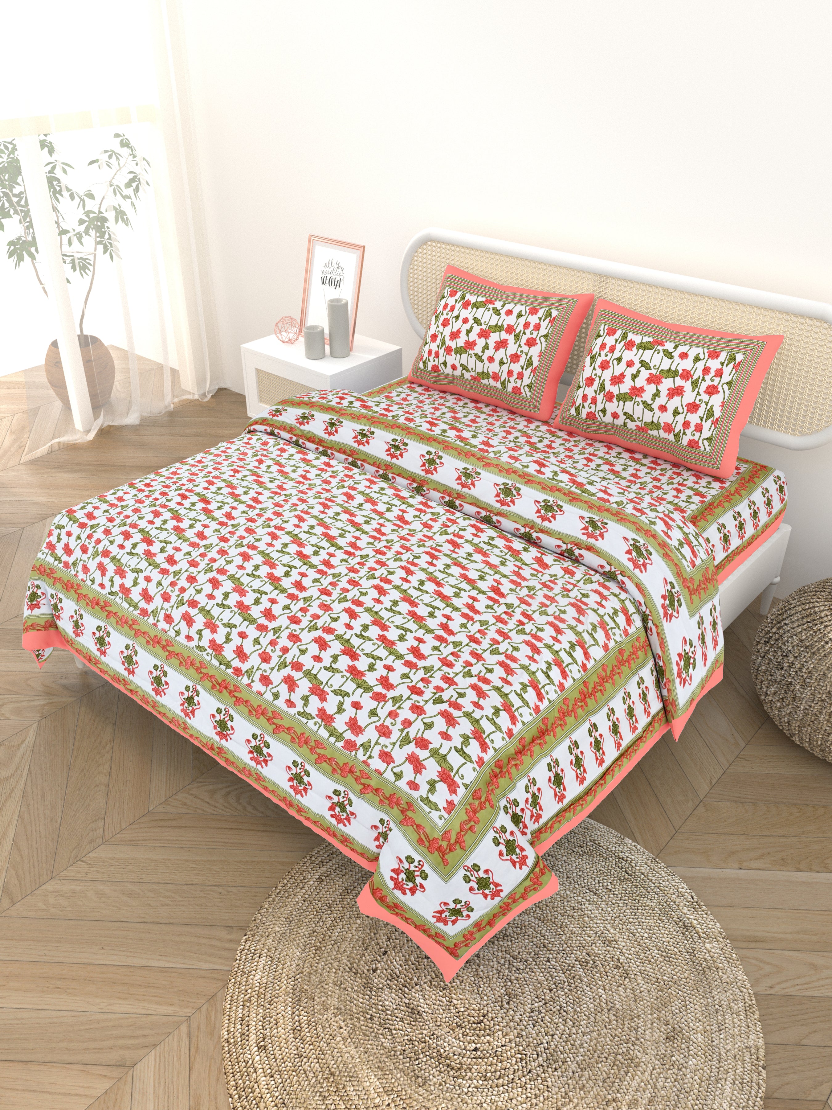 Floral Printed Bedding Set - 1 King Bedsheet, 1 Jaipuri Razai/Quilt, 2 Pillow Covers