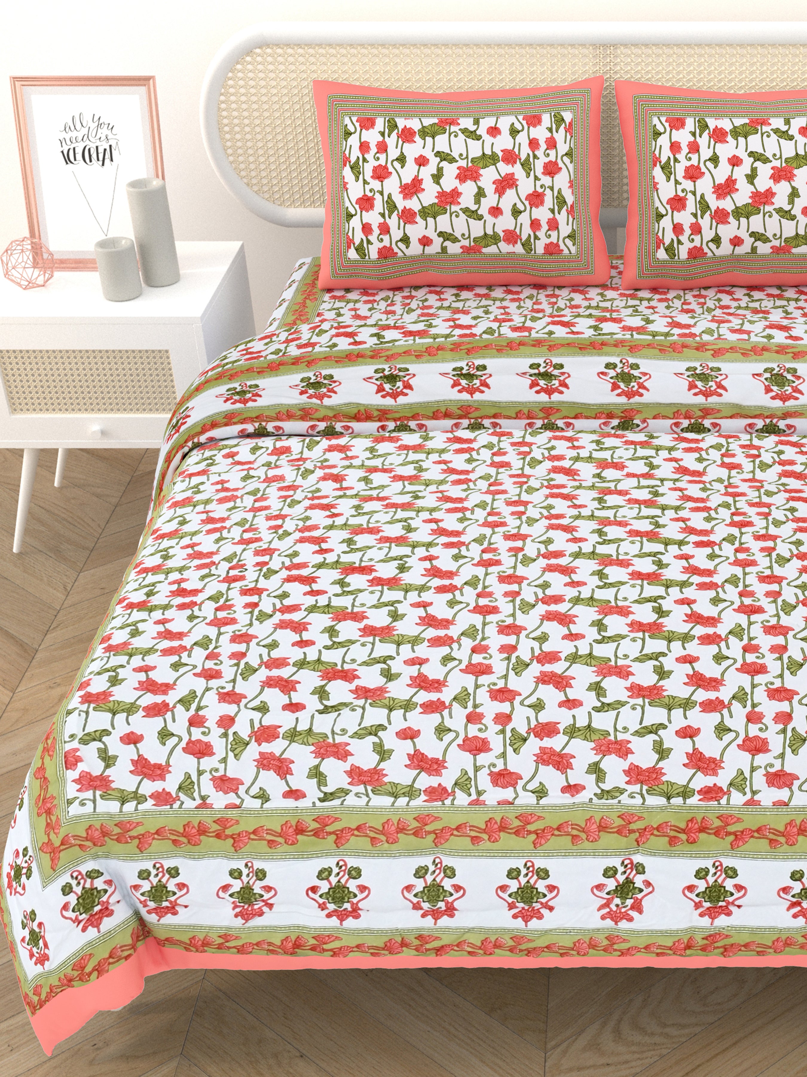 Floral Printed Bedding Set - 1 King Bedsheet, 1 Jaipuri Razai/Quilt, 2 Pillow Covers
