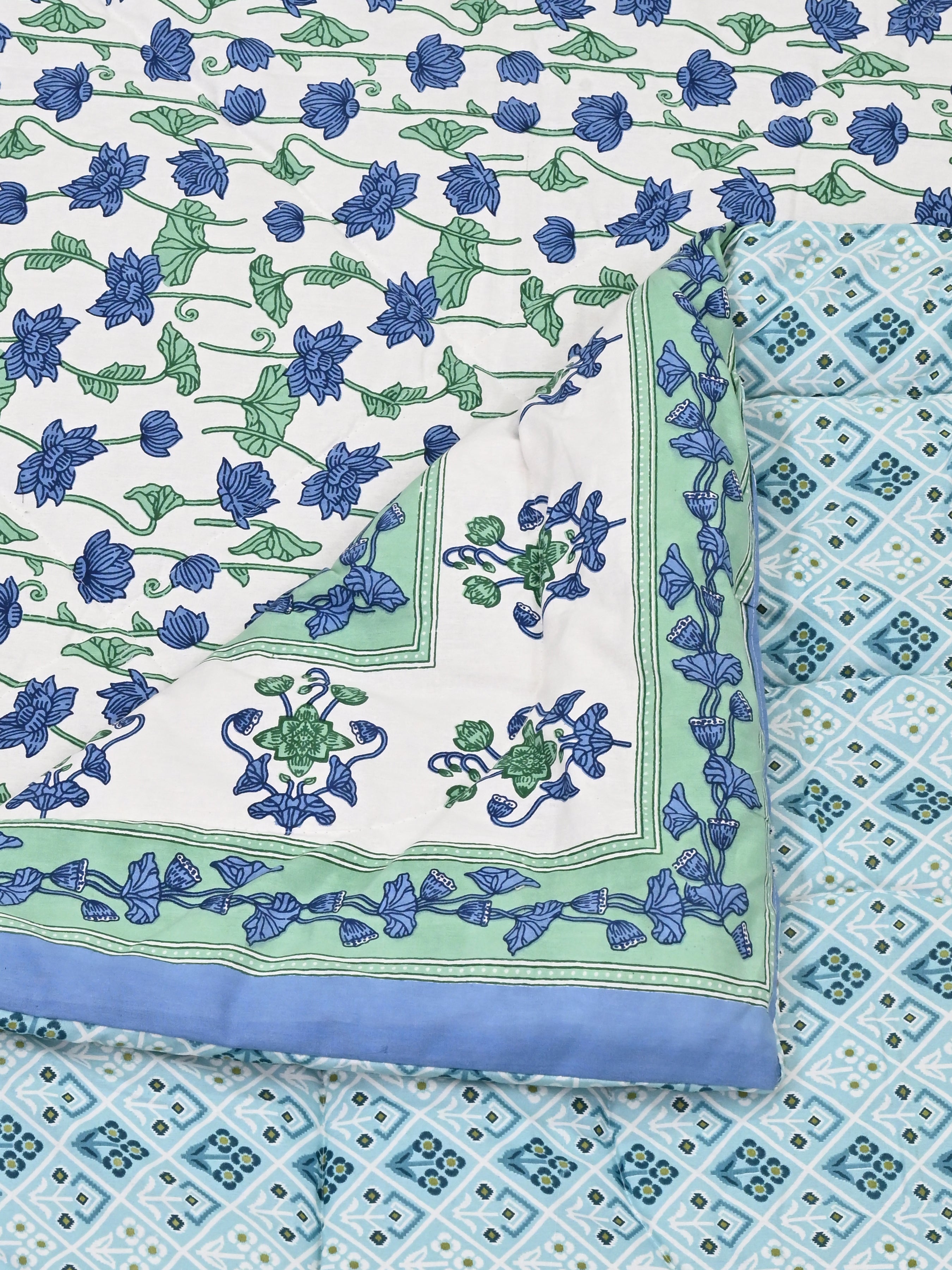 Floral Printed Bedding Set - 1 King Bedsheet, 1 Jaipuri Razai/Quilt, 2 Pillow Covers