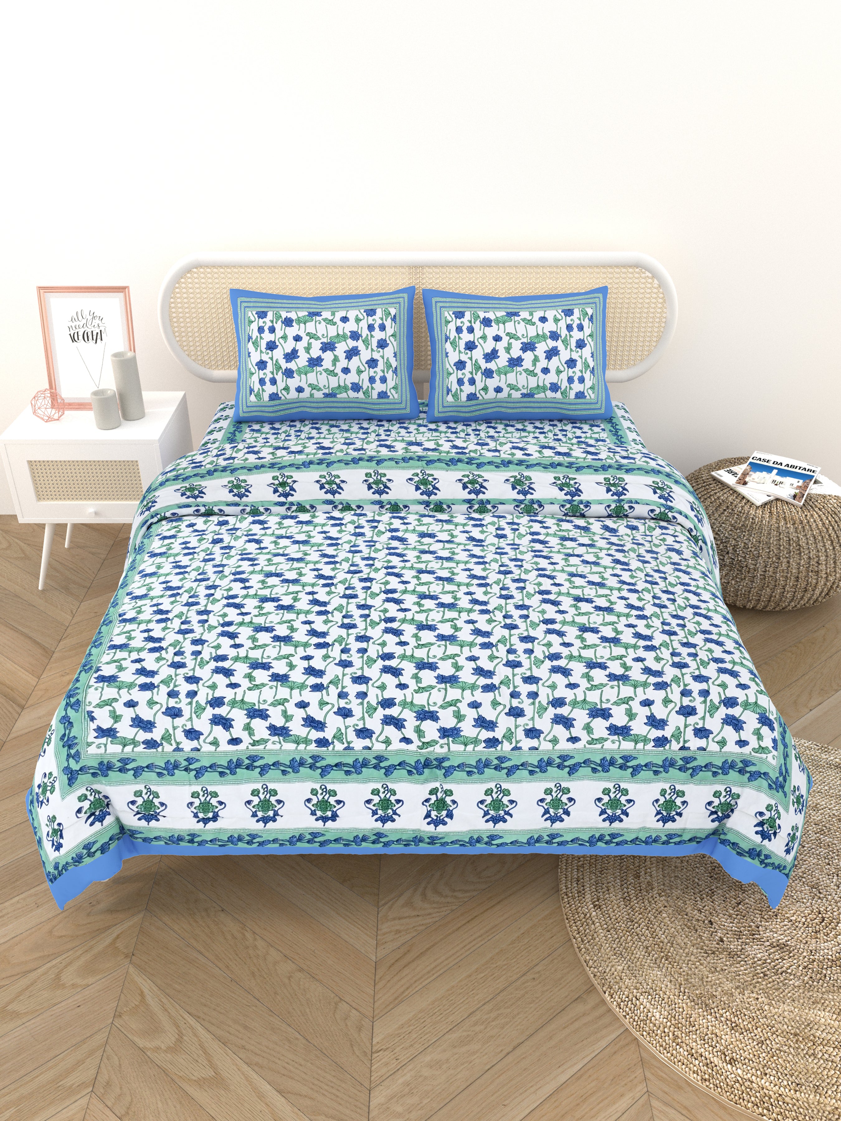Floral Printed Bedding Set - 1 King Bedsheet, 1 Jaipuri Razai/Quilt, 2 Pillow Covers