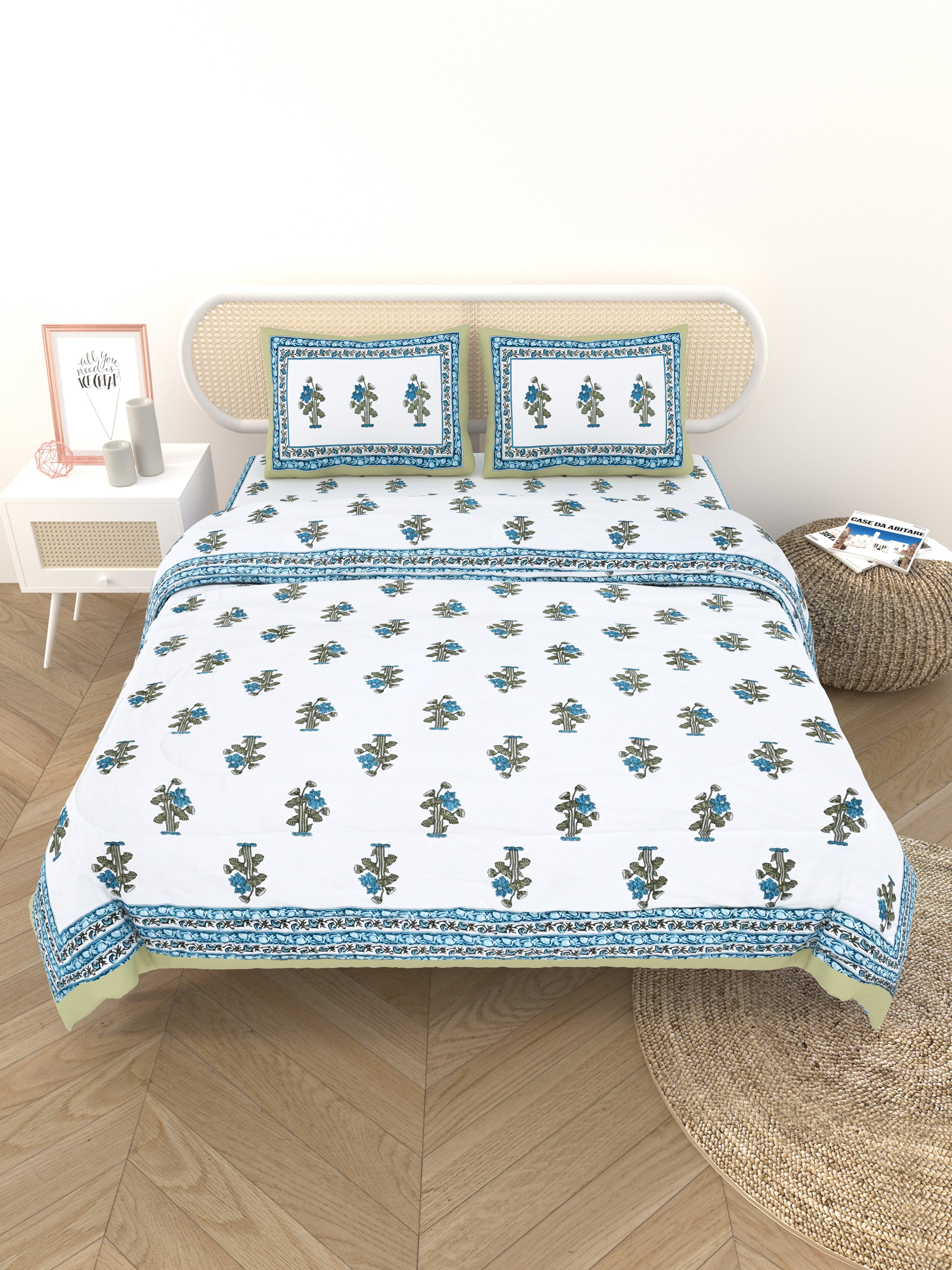 Floral Printed Bedding Set - 1 King Bedsheet, 1 Jaipuri Razai/Quilt, 2 Pillow Covers