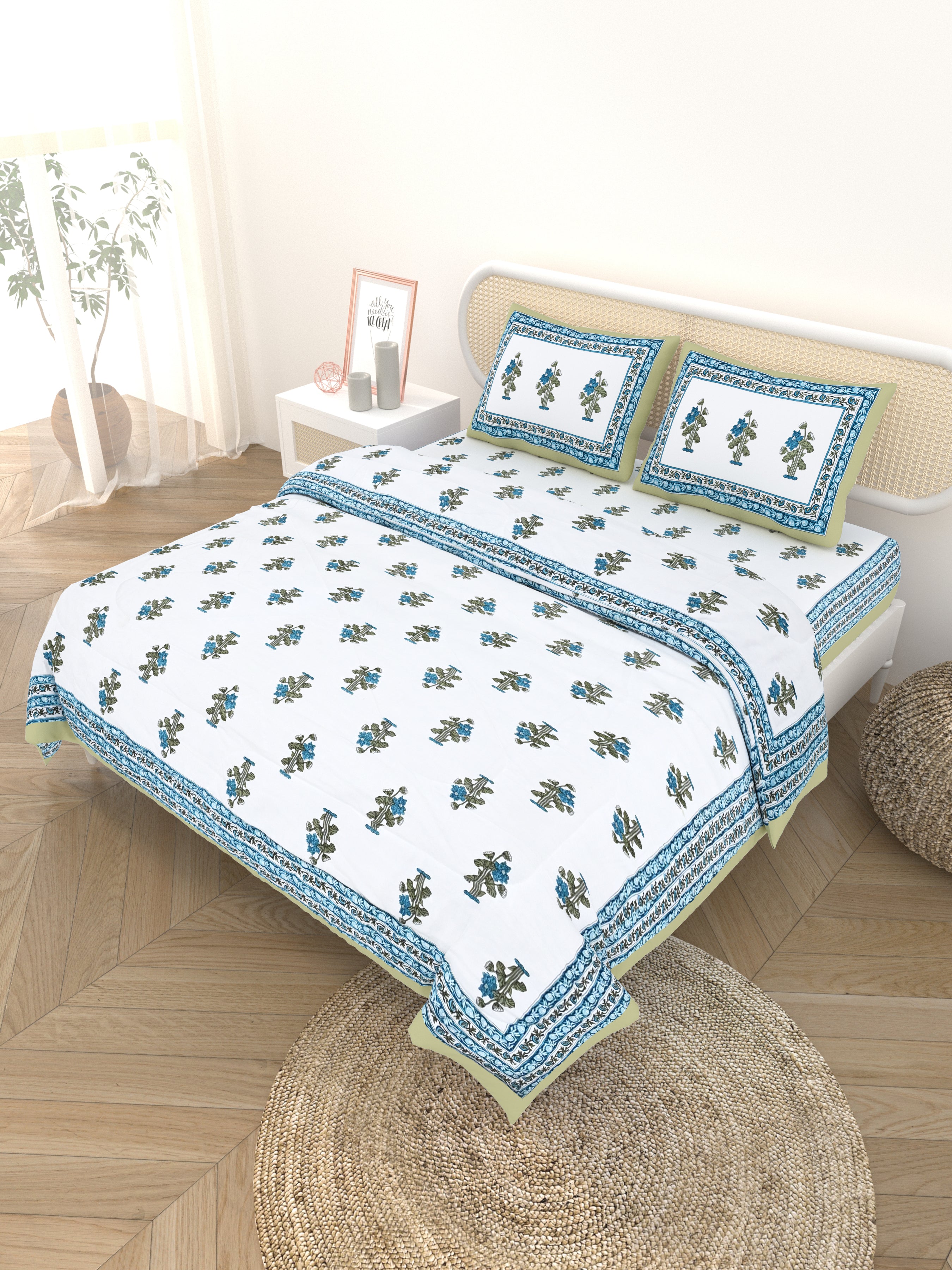 Floral Printed Bedding Set - 1 King Bedsheet, 1 Jaipuri Razai/Quilt, 2 Pillow Covers