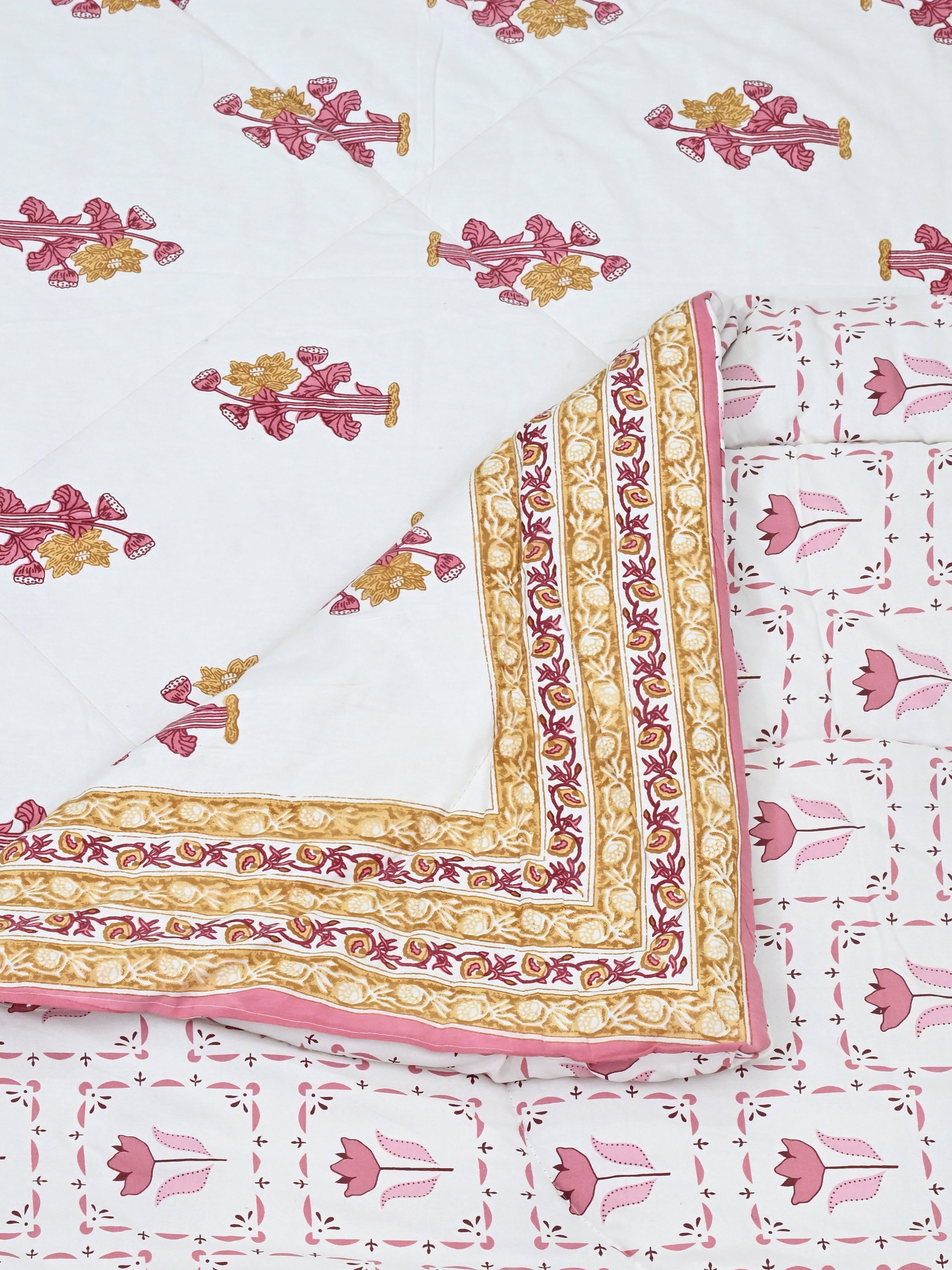 Floral Printed Bedding Set - 1 King Bedsheet, 1 Jaipuri Razai/Quilt, 2 Pillow Covers