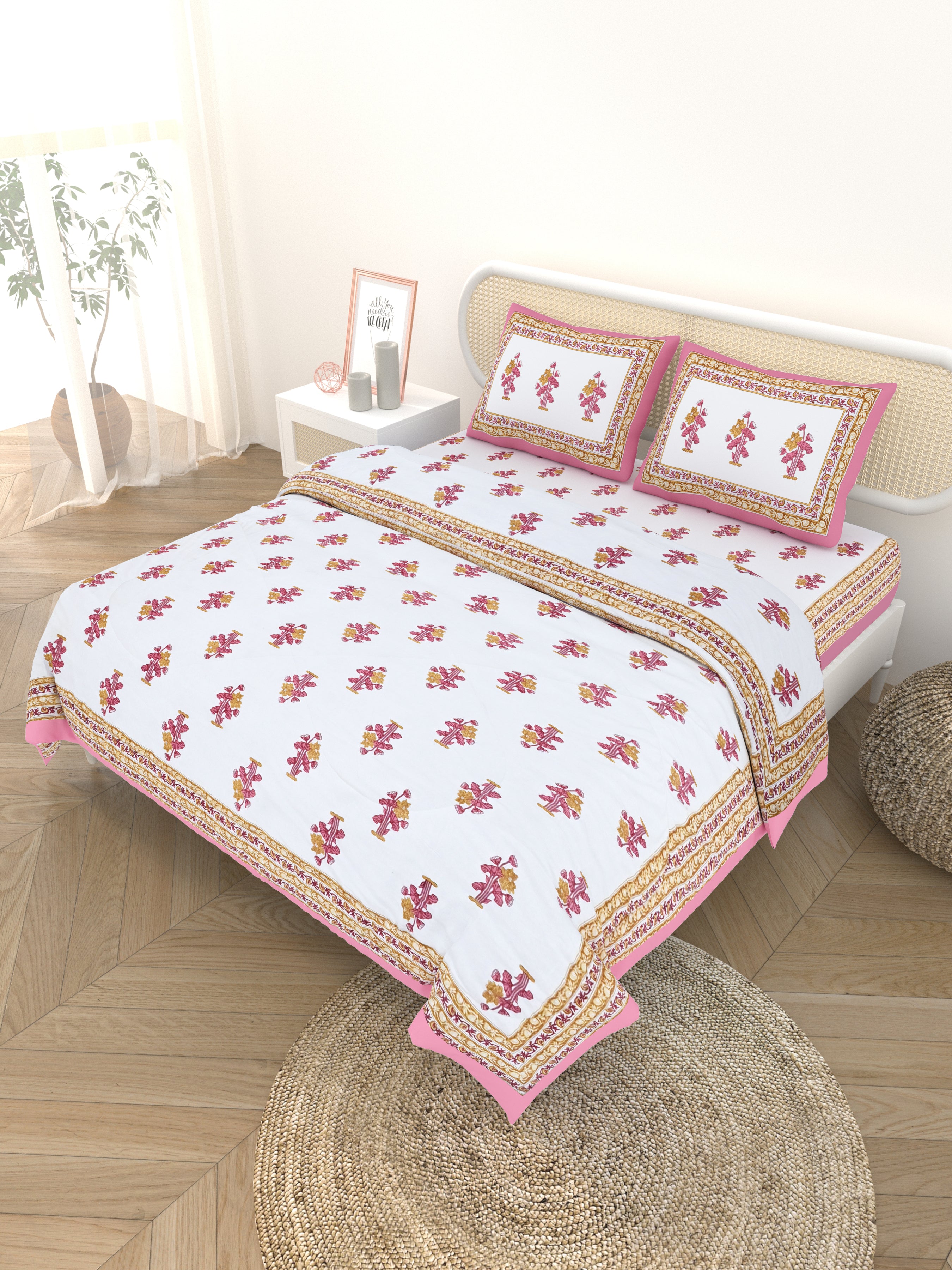 Floral Printed Bedding Set - 1 King Bedsheet, 1 Jaipuri Razai/Quilt, 2 Pillow Covers