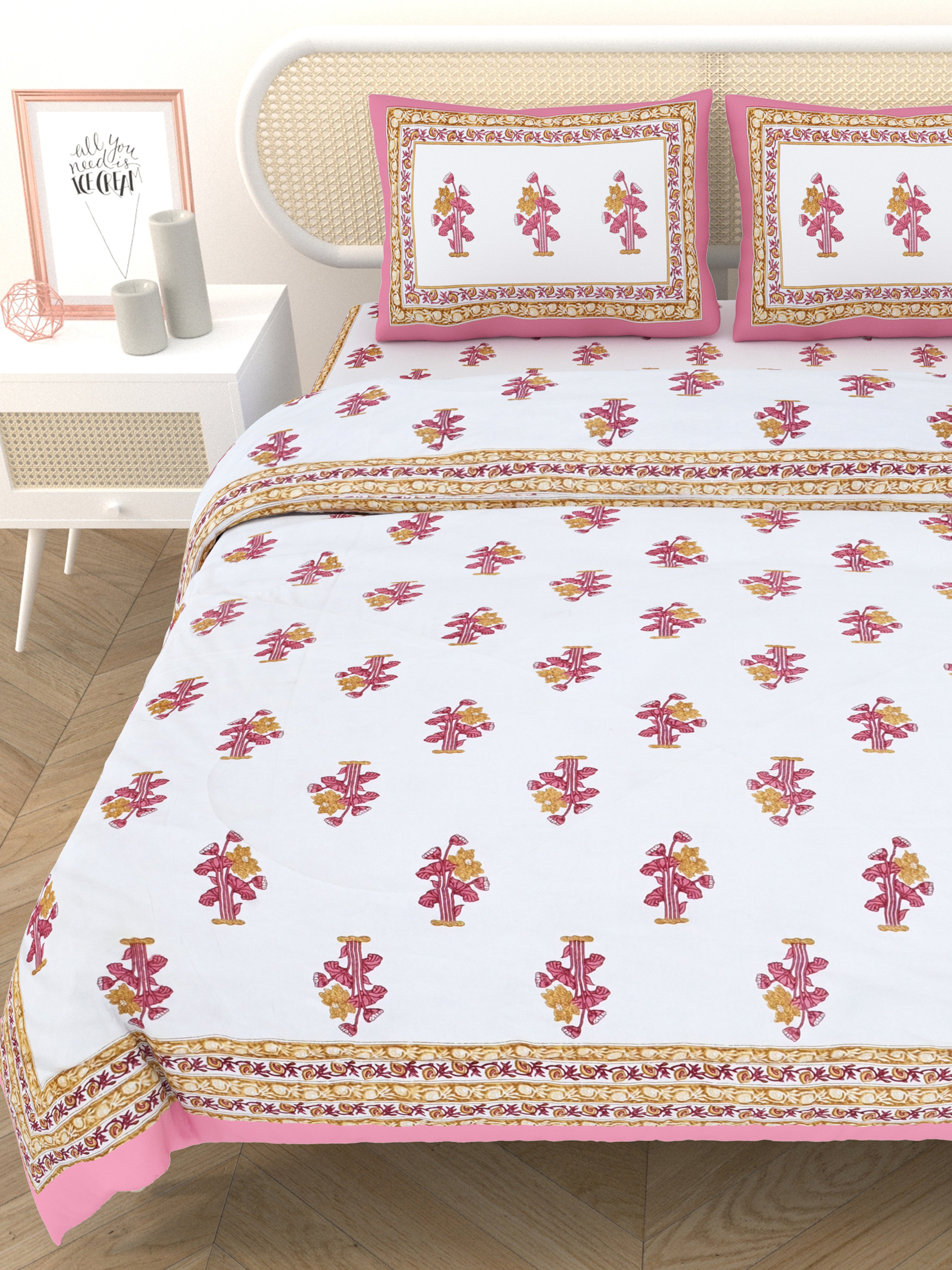 Floral Printed Bedding Set - 1 King Bedsheet, 1 Jaipuri Razai/Quilt, 2 Pillow Covers