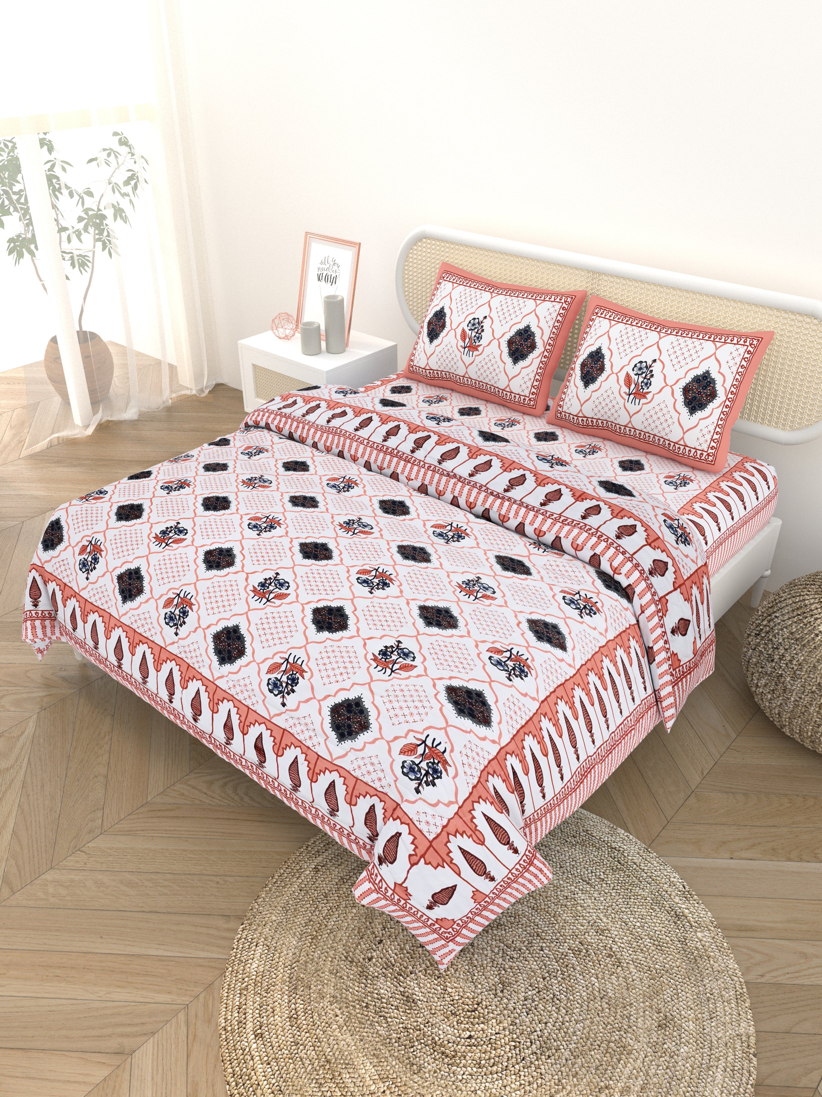 Floral Printed Bedding Set - 1 King Bedsheet, 1 Jaipuri Razai/Quilt, 2 Pillow Covers