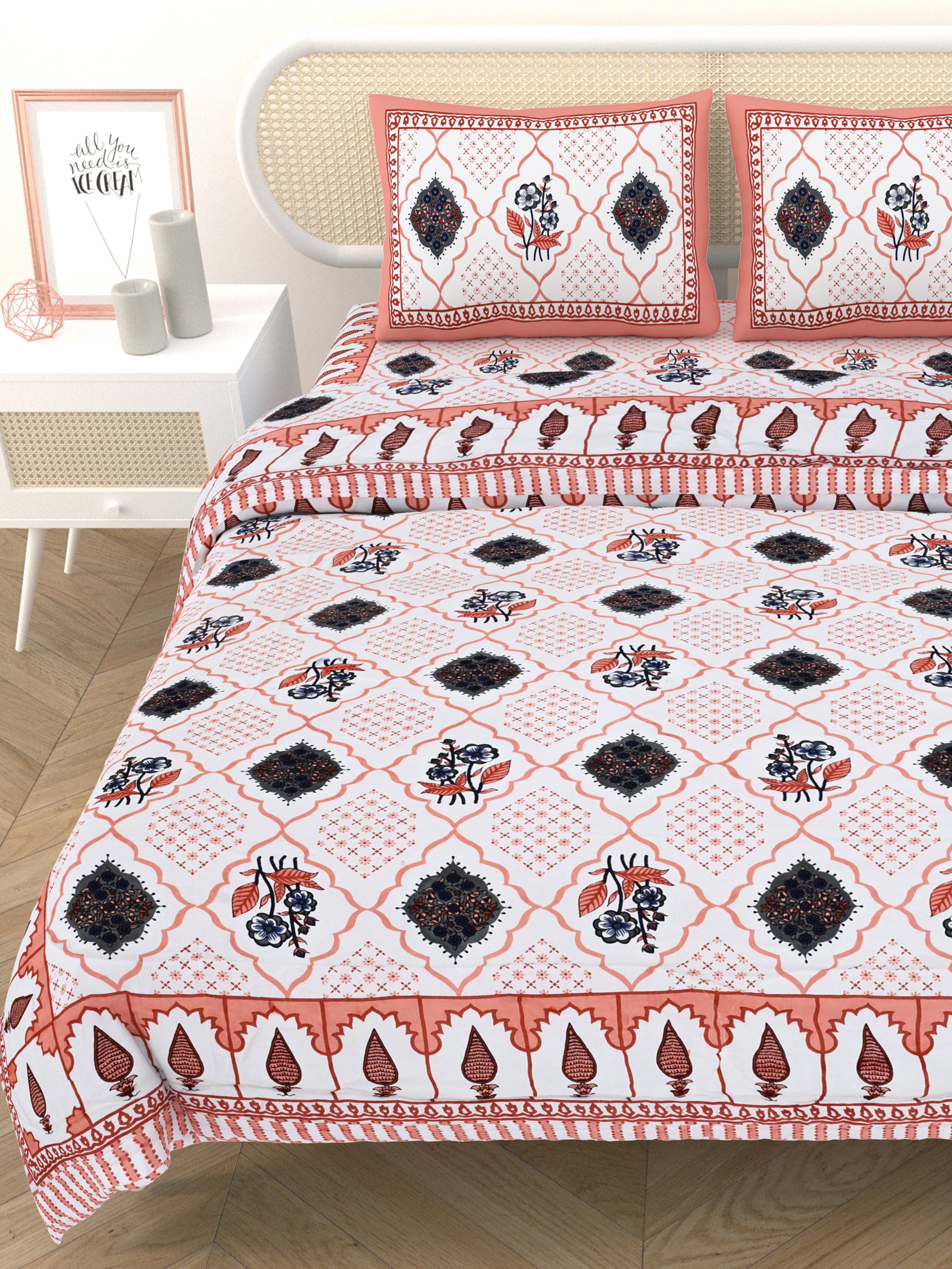 Floral Printed Bedding Set - 1 King Bedsheet, 1 Jaipuri Razai/Quilt, 2 Pillow Covers