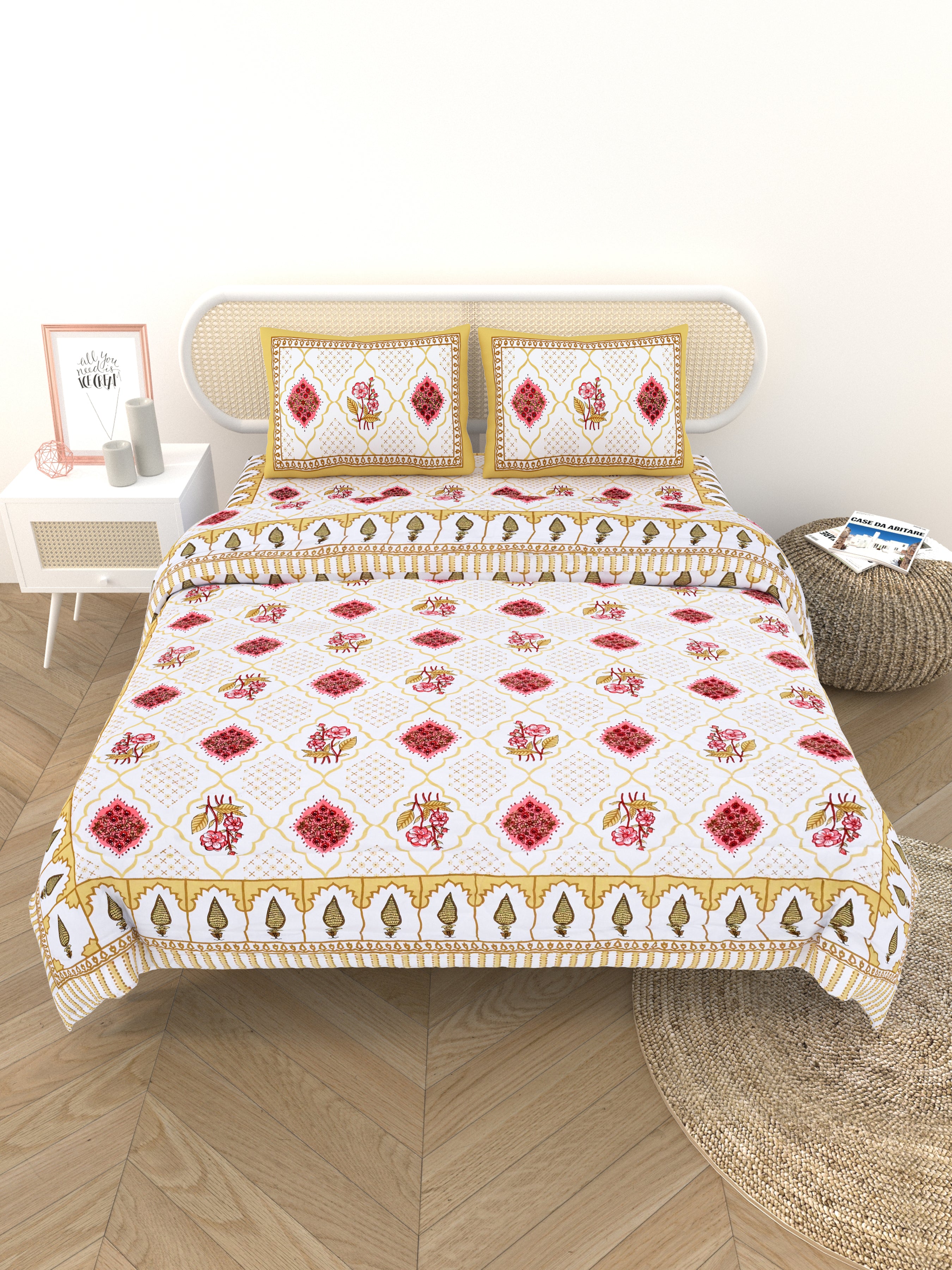 Floral Printed Bedding Set - 1 King Bedsheet, 1 Jaipuri Razai/Quilt, 2 Pillow Covers