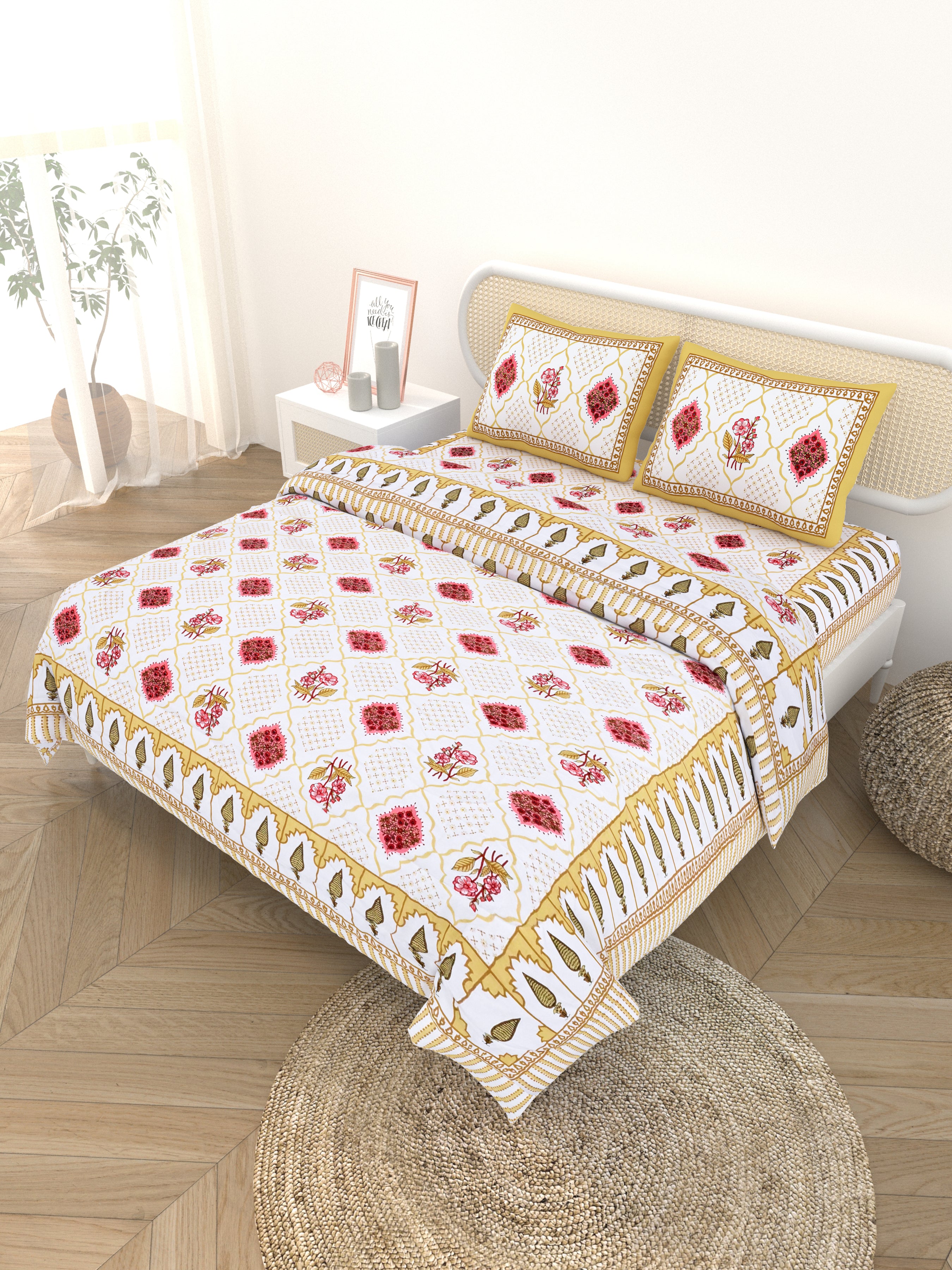 Floral Printed Bedding Set - 1 King Bedsheet, 1 Jaipuri Razai/Quilt, 2 Pillow Covers