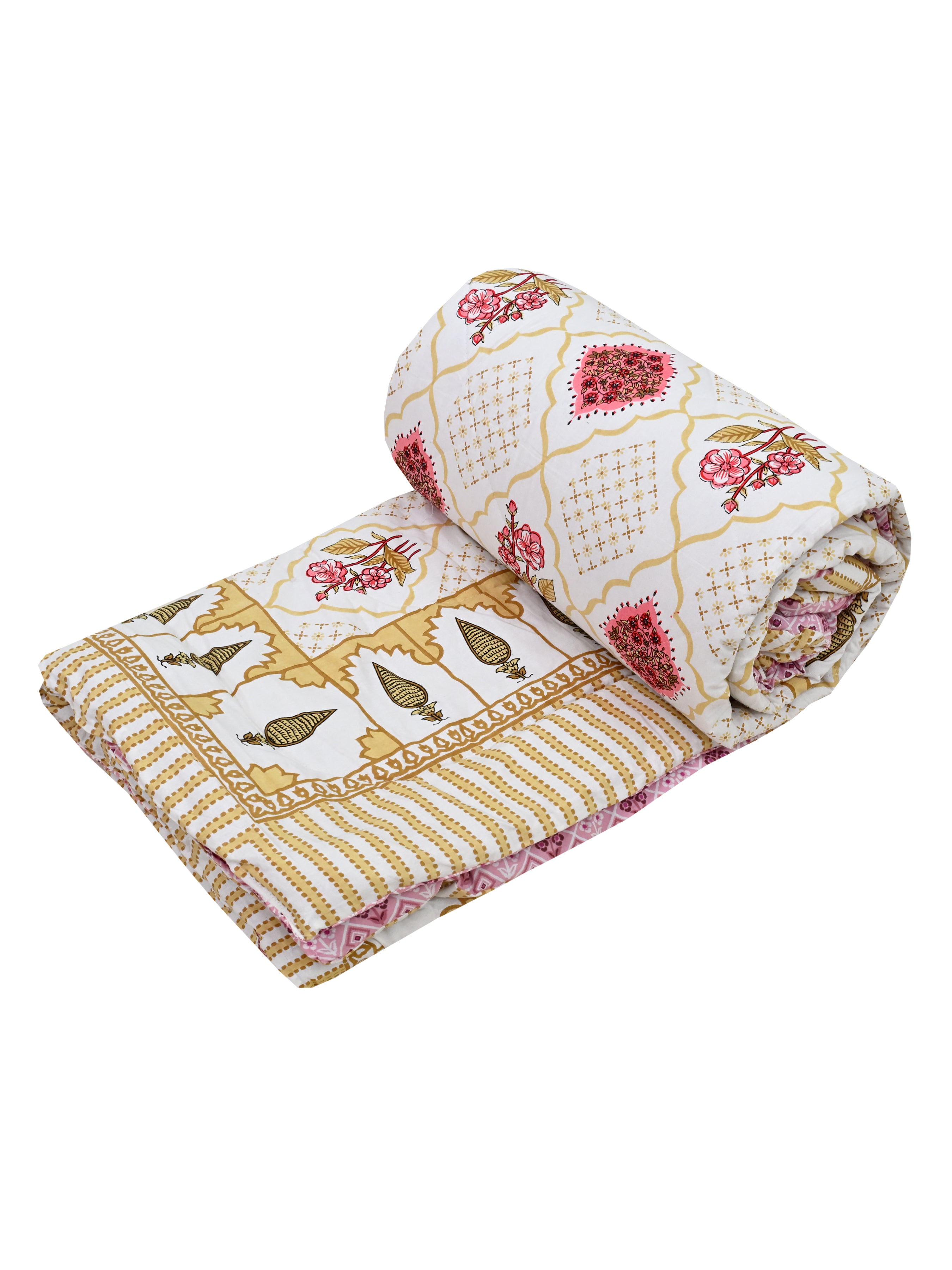 Floral Printed Bedding Set - 1 King Bedsheet, 1 Jaipuri Razai/Quilt, 2 Pillow Covers