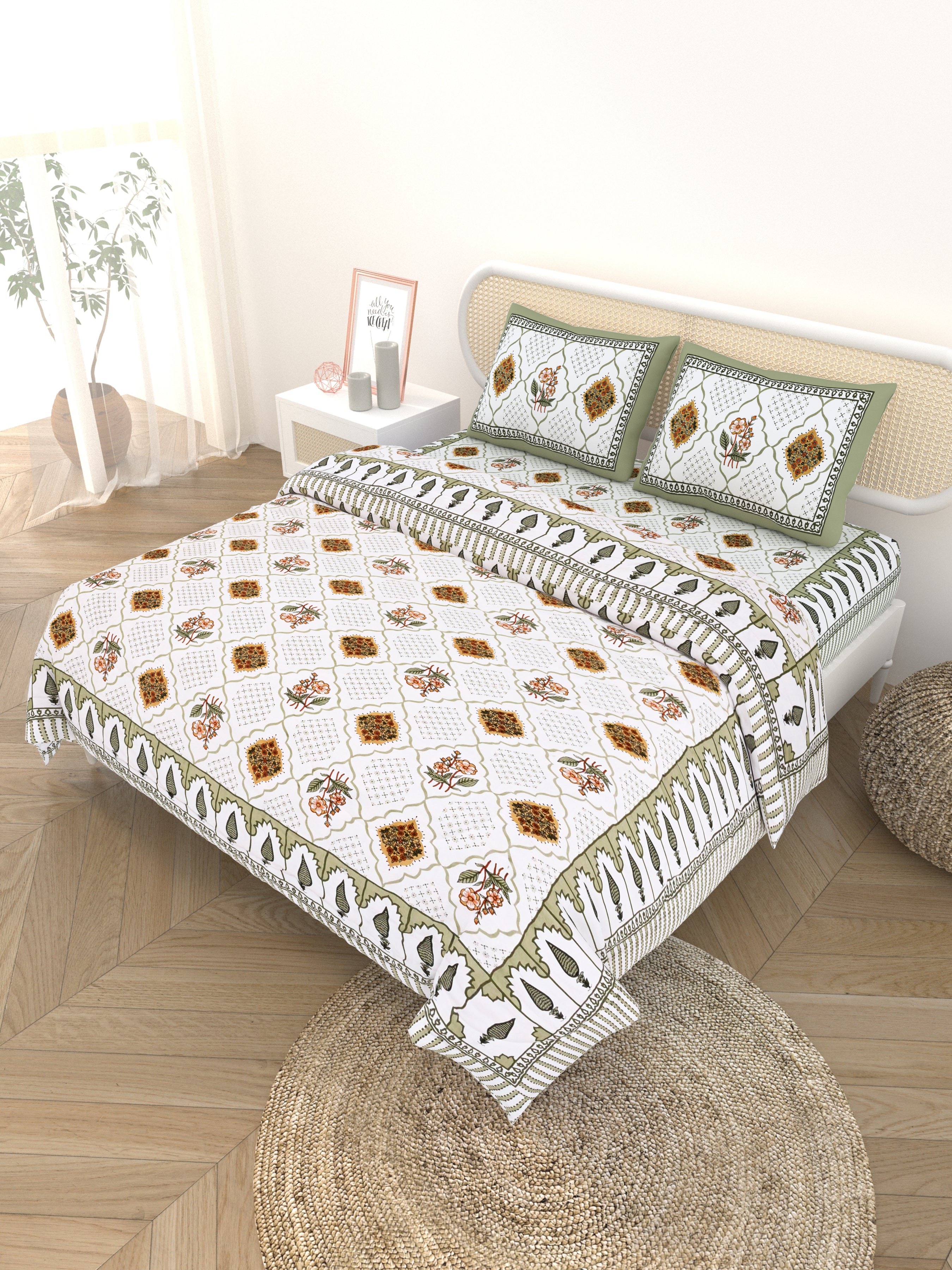 Floral Printed Bedding Set - 1 King Bedsheet, 1 Jaipuri Razai/Quilt, 2 Pillow Covers