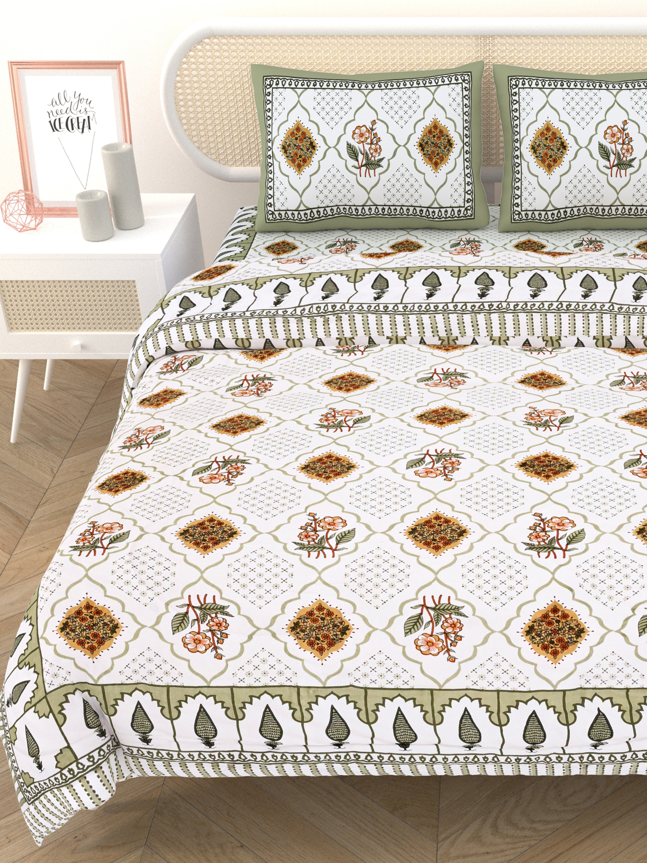 Floral Printed Bedding Set - 1 King Bedsheet, 1 Jaipuri Razai/Quilt, 2 Pillow Covers