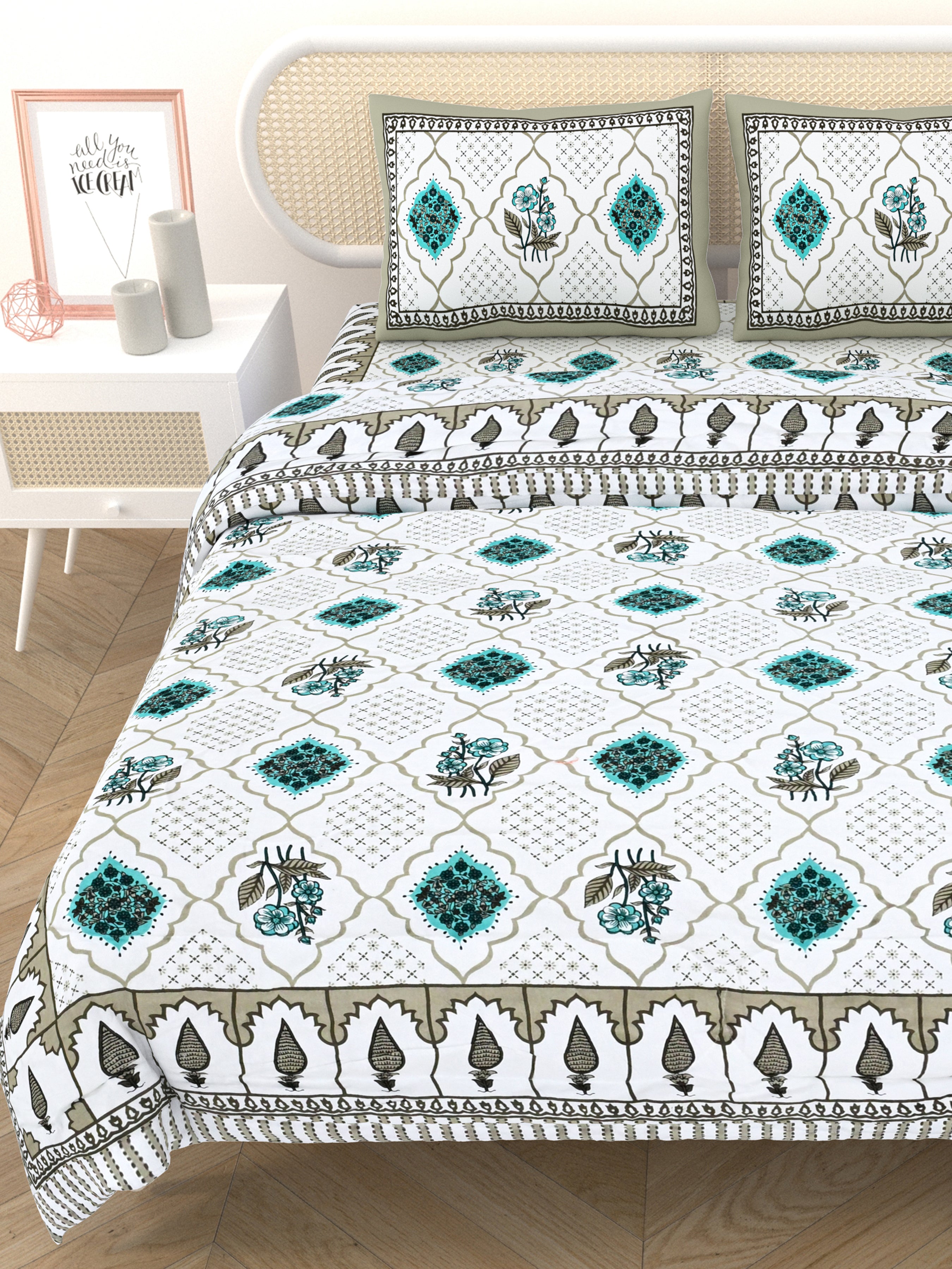 Floral Printed Bedding Set - 1 King Bedsheet, 1 Jaipuri Razai/Quilt, 2 Pillow Covers