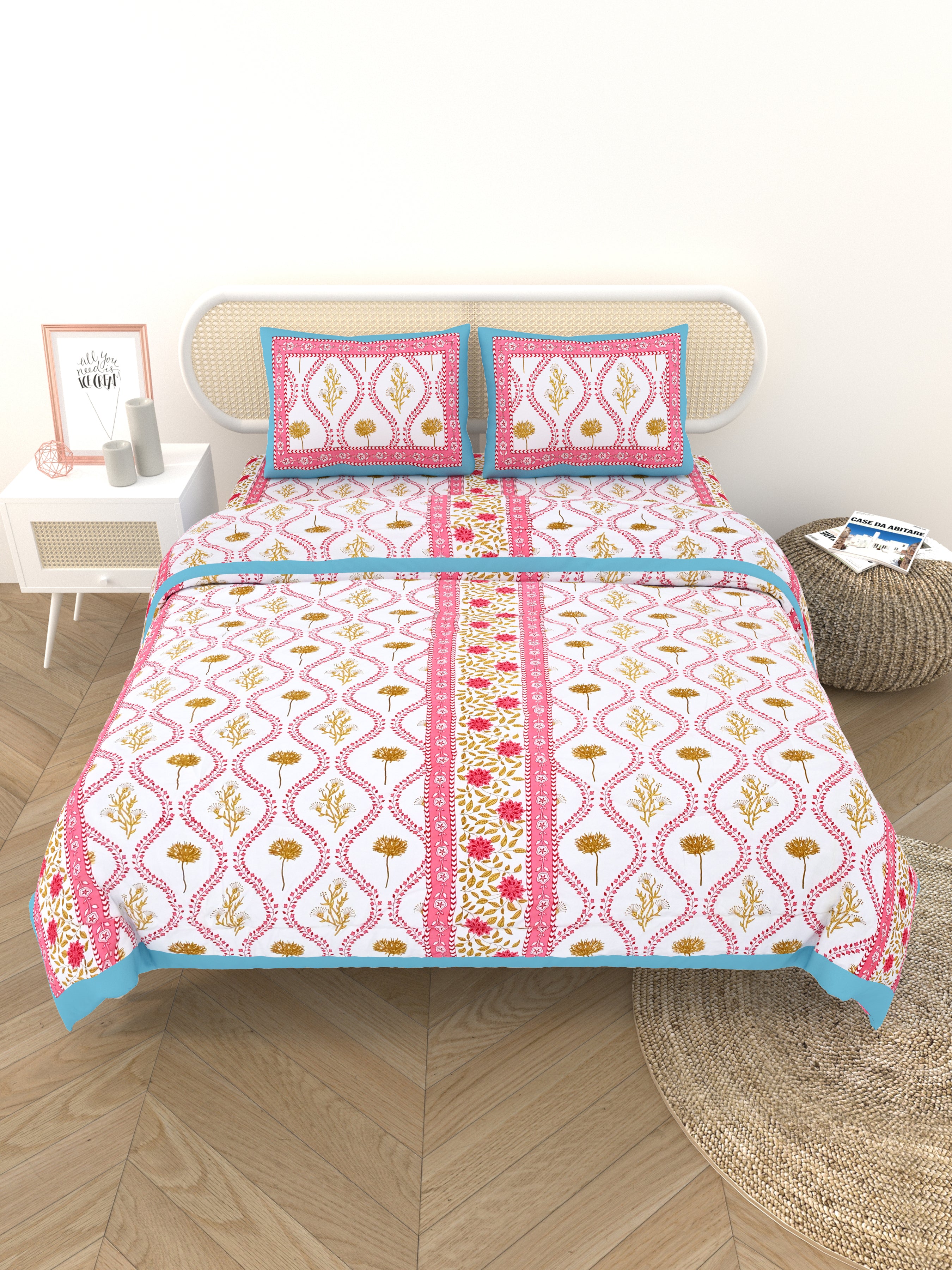 Floral Printed Bedding Set - 1 King Bedsheet, 1 Jaipuri Razai/Quilt, 2 Pillow Covers