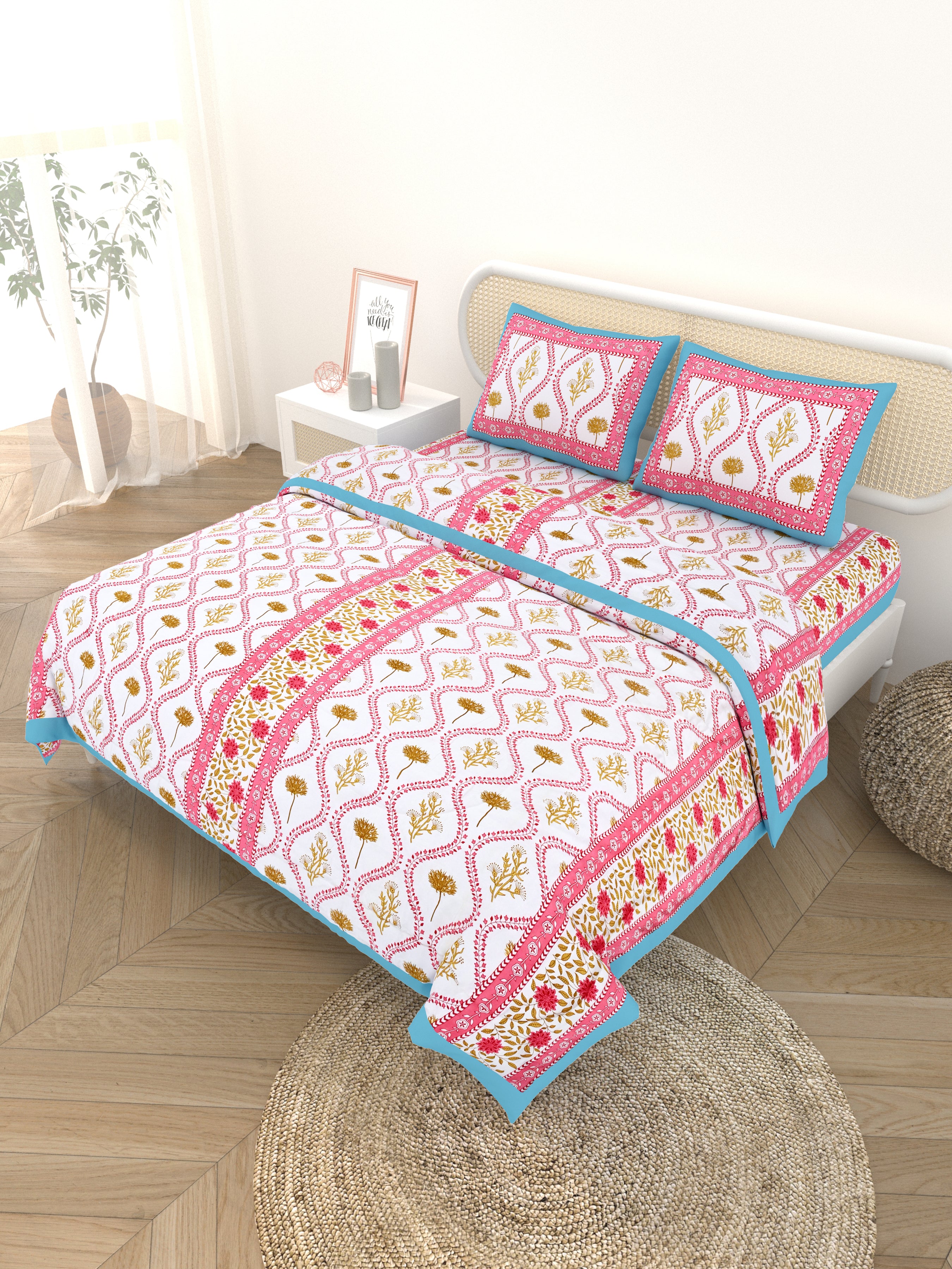 Floral Printed Bedding Set - 1 King Bedsheet, 1 Jaipuri Razai/Quilt, 2 Pillow Covers