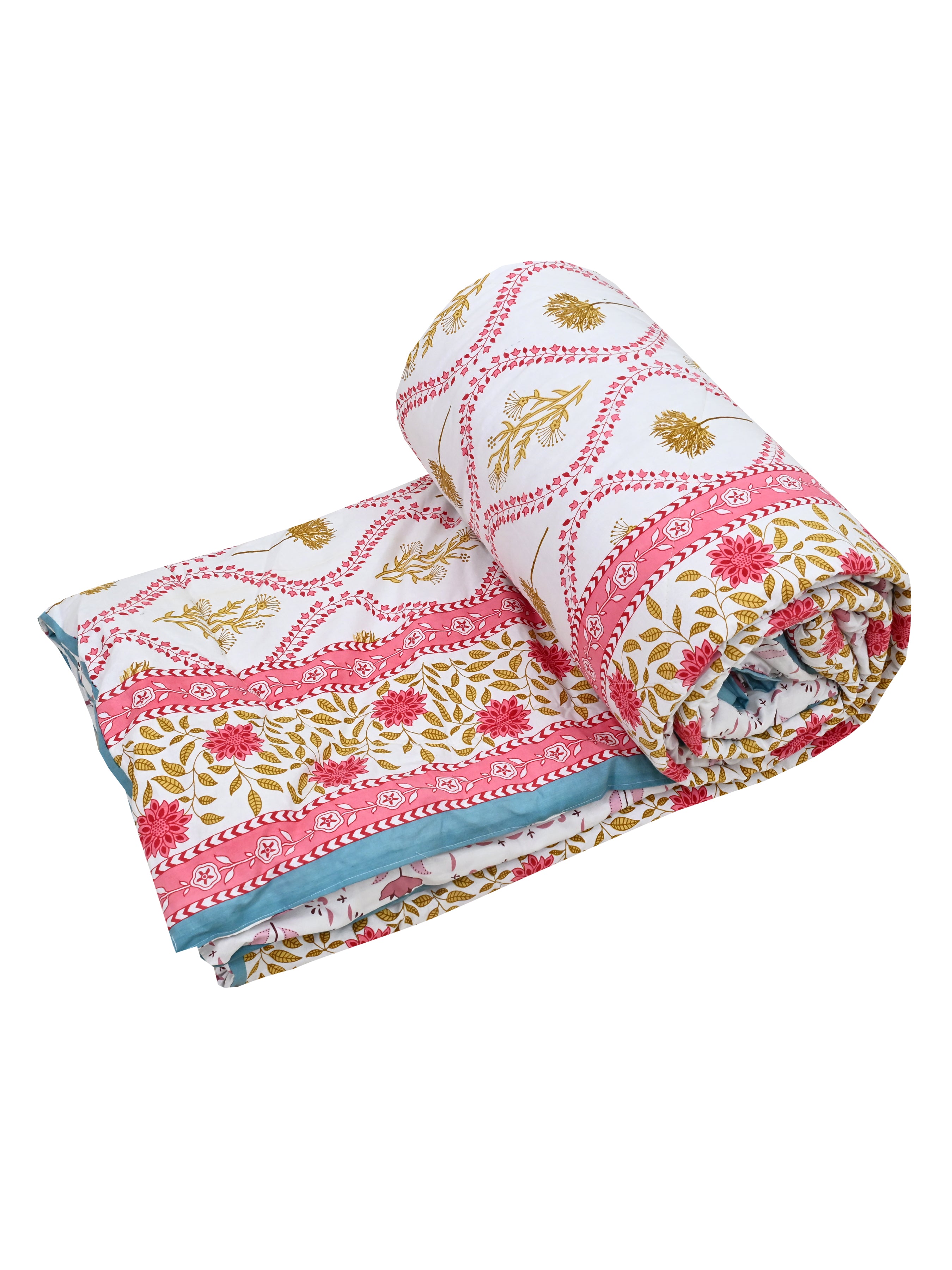 Floral Printed Bedding Set - 1 King Bedsheet, 1 Jaipuri Razai/Quilt, 2 Pillow Covers