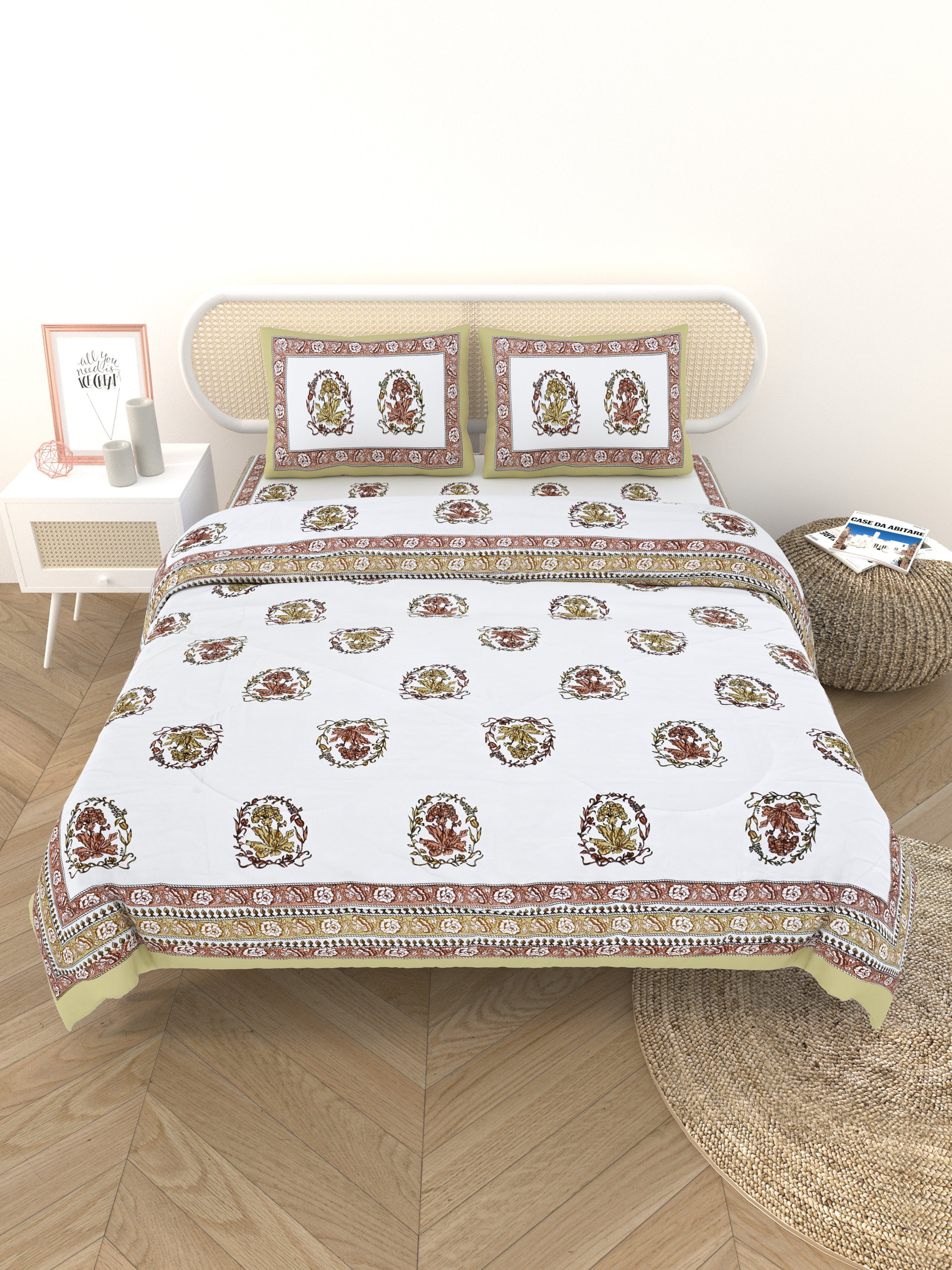 Floral Printed Bedding Set - 1 King Bedsheet, 1 Jaipuri Razai/Quilt, 2 Pillow Covers
