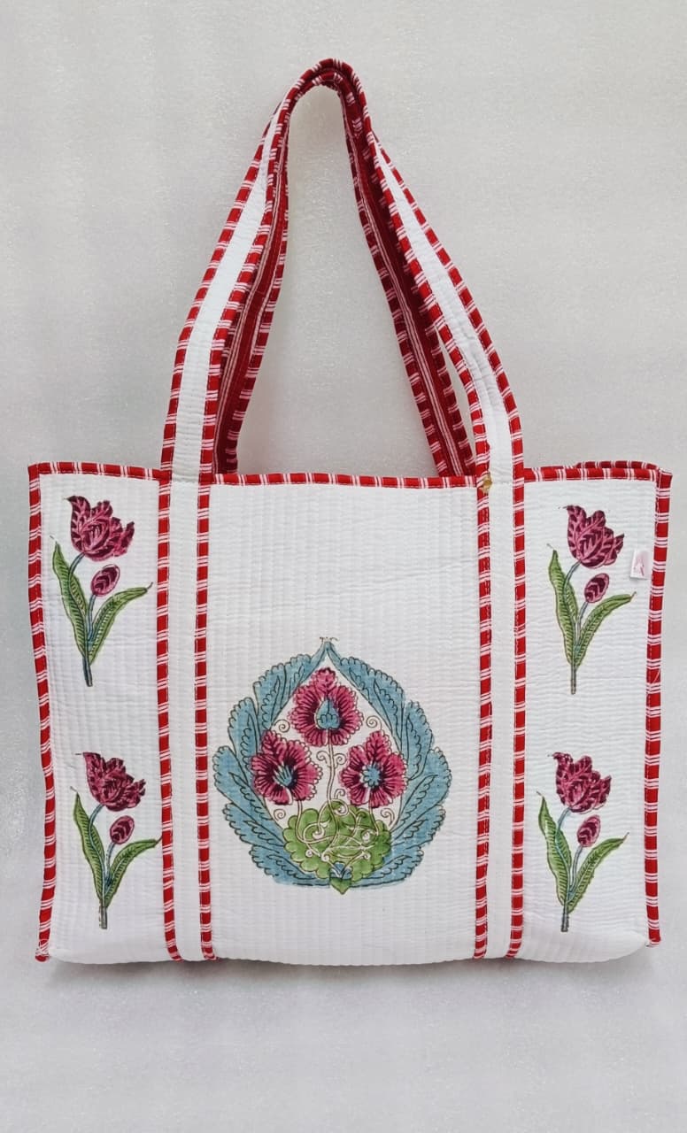 Classic White Block Printed Quilted Tote Bag without zip/button 17x18x 6 inches