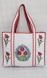 Classic White Block Printed Quilted Tote Bag without zip/button 17x18x 6 inches