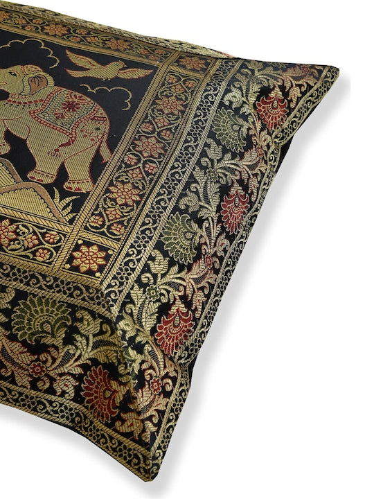 Set Of 2 Black & Green Cotton Silk Ethnic Motifs Square Cushion Covers