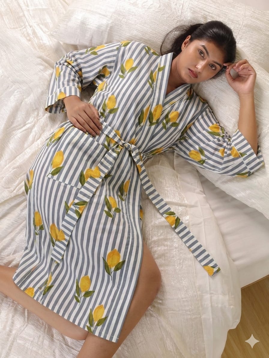 Cotton Kimono Handblock Printed Unisex Bathrobe - Free Size