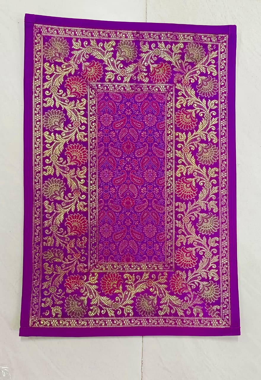 Diwali Gift Box with Banarasi Zari Table Runner, Set Of 6 Mats, 6 coaster, 6 inch Metal Urli