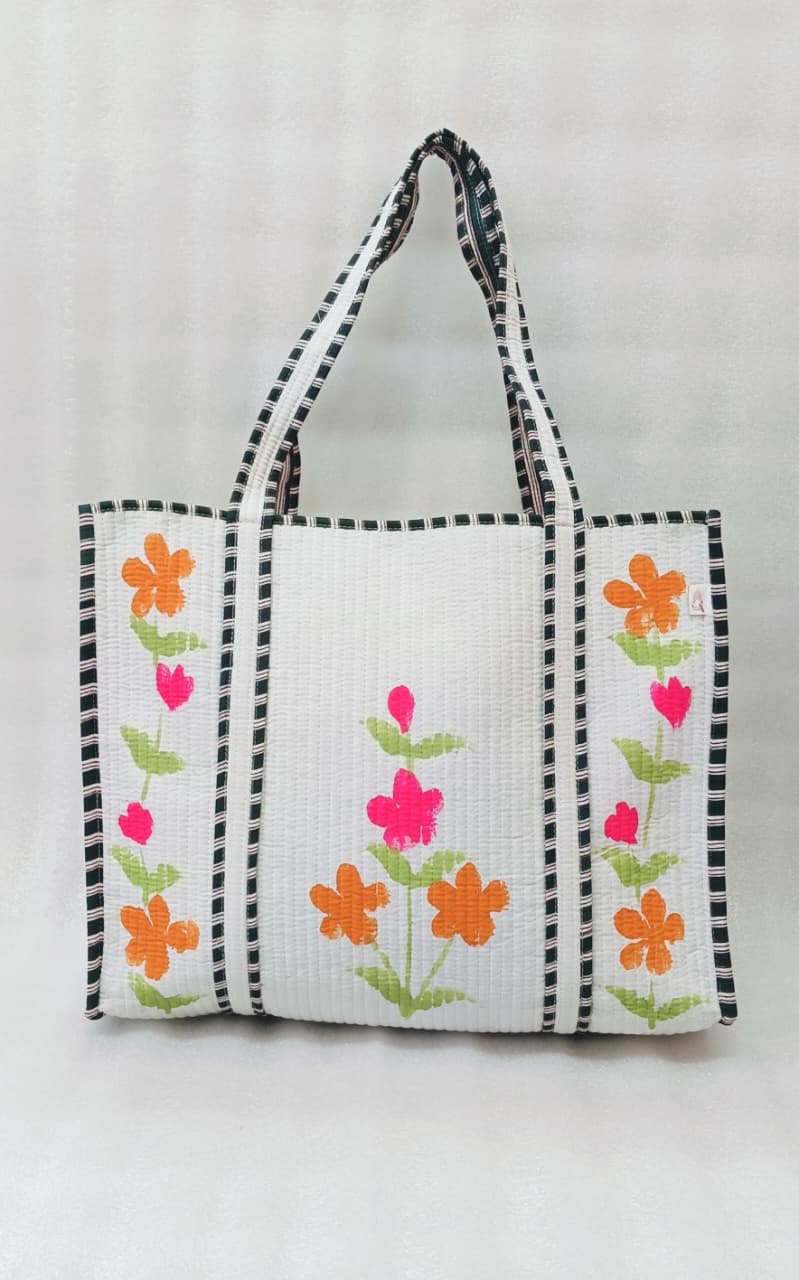 Hand-Painted Floral Tote Bag – Double-Sided Artisan Cotton Tote | Spacious Everyday Carry Bag (No Zip)- 17x18x6 inches