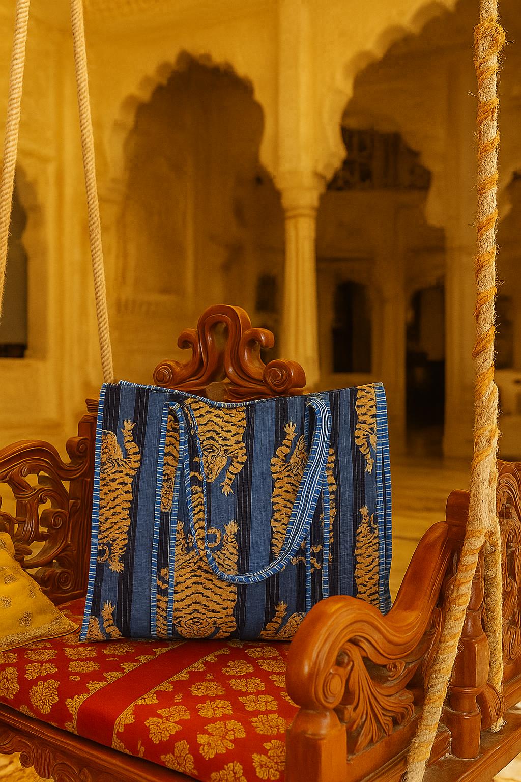 Handblock Printed Quilted Tote Bag without zip/button 17x18x 6 inches