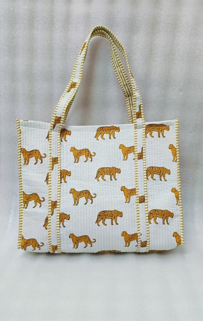 Handblock Printed Quilted Tote Bag without zip/button 17x18x 6 inches