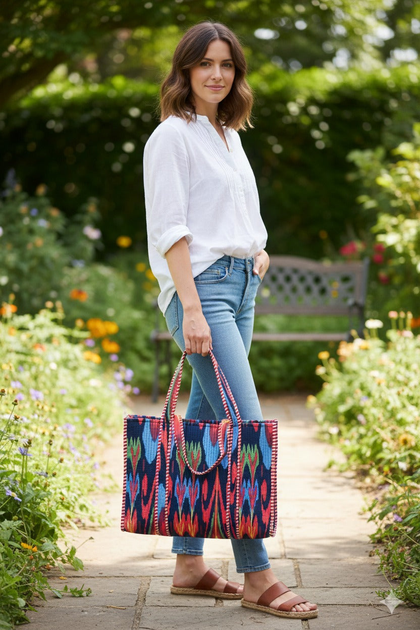 Handblock Printed Quilted Tote Bag without zip/button 17x18x 6 inches