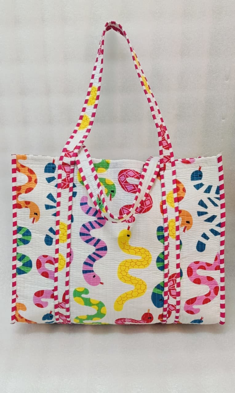 Handblock Printed Quilted Tote Bag without zip/button 17x18x 6 inches