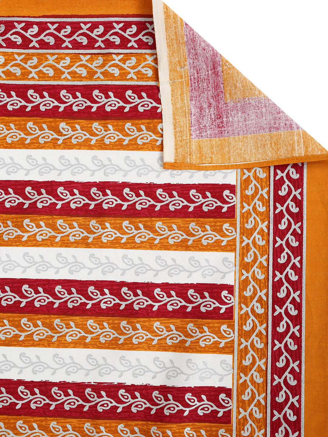 White & Orange Ethnic Motifs   Cotton 1 King Bedsheet with 2 Pillow Covers