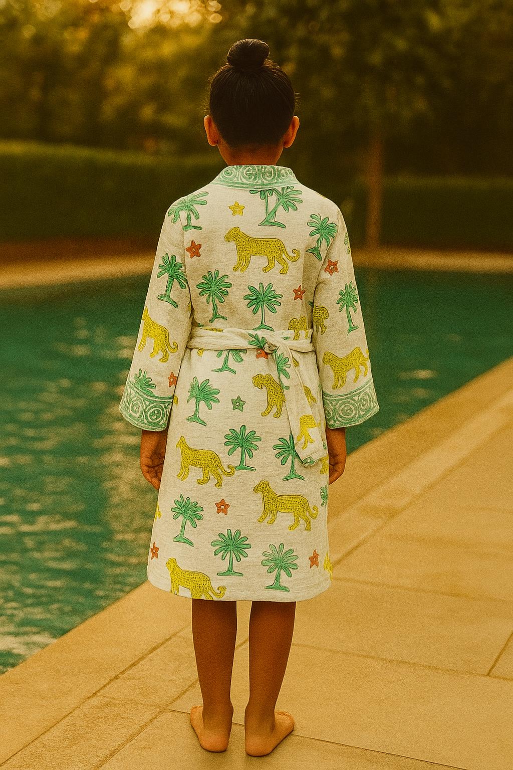 Handblock printed waffle cotton bathrobe for kids - 4-13 years old
